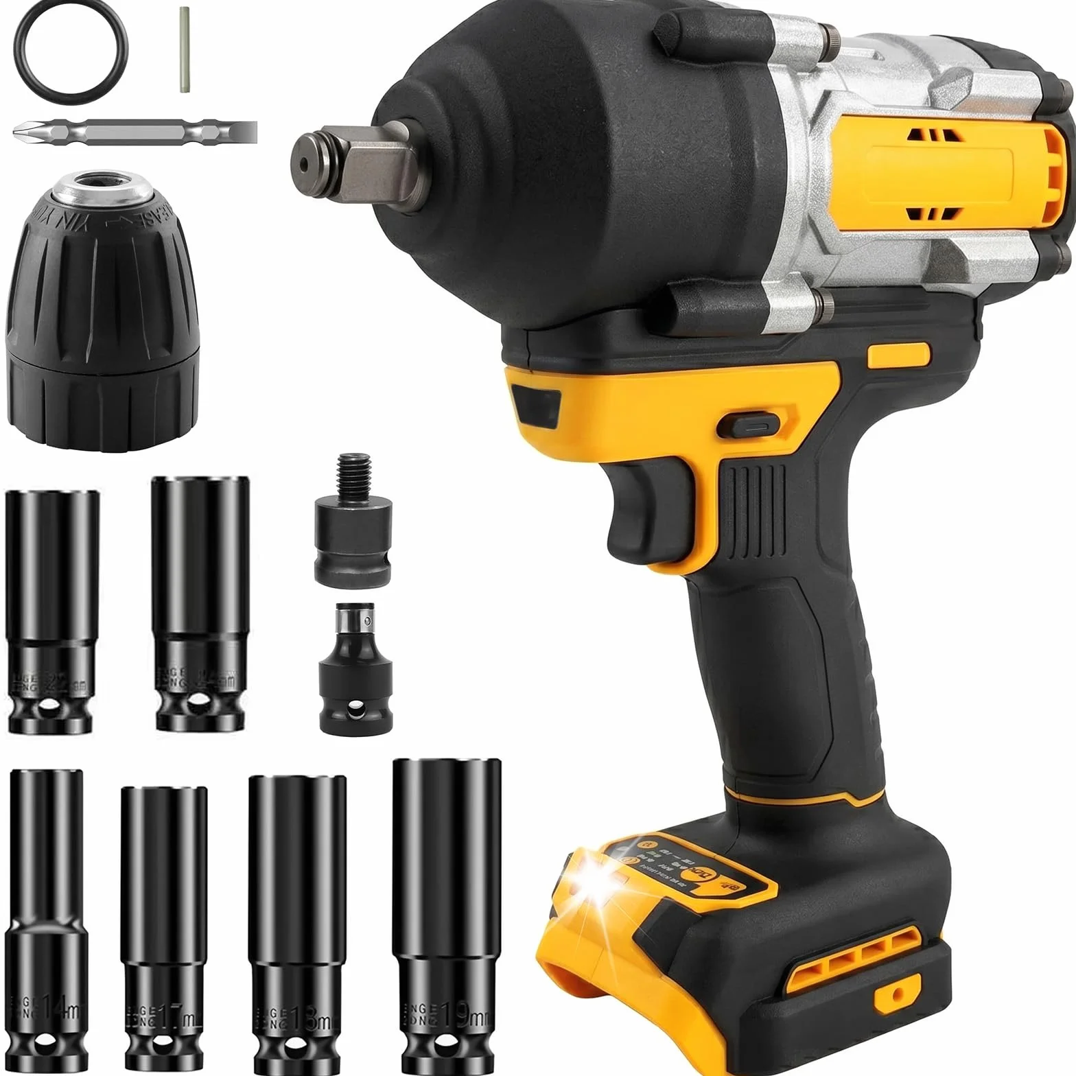 Akumulatorowa wkrętarka udarowa 1500 Nm kompatybilna z DeWalt 18 V/20 V – 3-biegowy 1/2" bezszczotkowy klucz płaski z 6 kluczami nasadowymi do naprawy samochodów, wymiany opon i prac budowlanych (bez