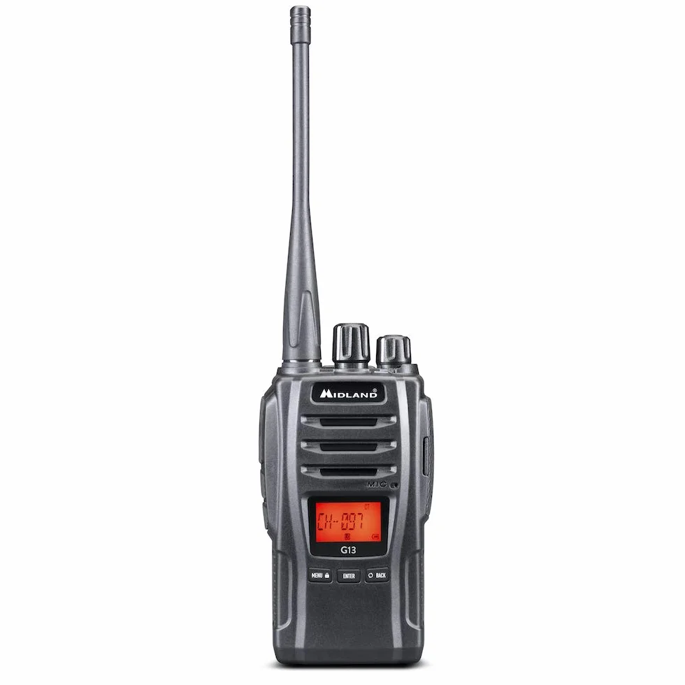 Midland G13 C1462, Walkie Talkie Recargable, Transceptor Radio Semiprofesjonalny z 99 Kanałami PMR446, Funkcja VOX, Wodoodporny IPX4, Bateria Litowo-Ionowa 2600mAh do 40 Godzin, Czarny
