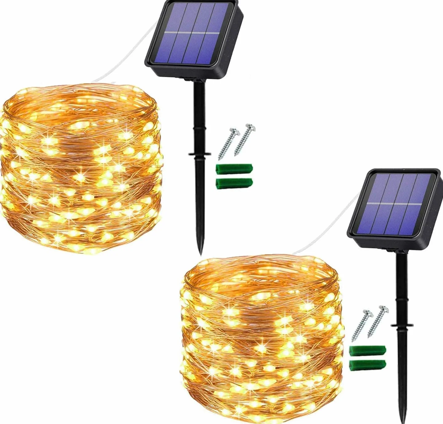 Zewnętrzne światła Słoneczne, 12M 120 Zewnętrzne Lampki LED, Wodoodporny Drut Miedziany, Lampki świąteczne, Balkon, Dekoracja ogrodowa, Drzewa, Tarasy, Lampki Weselne (Ciepły żółty)
