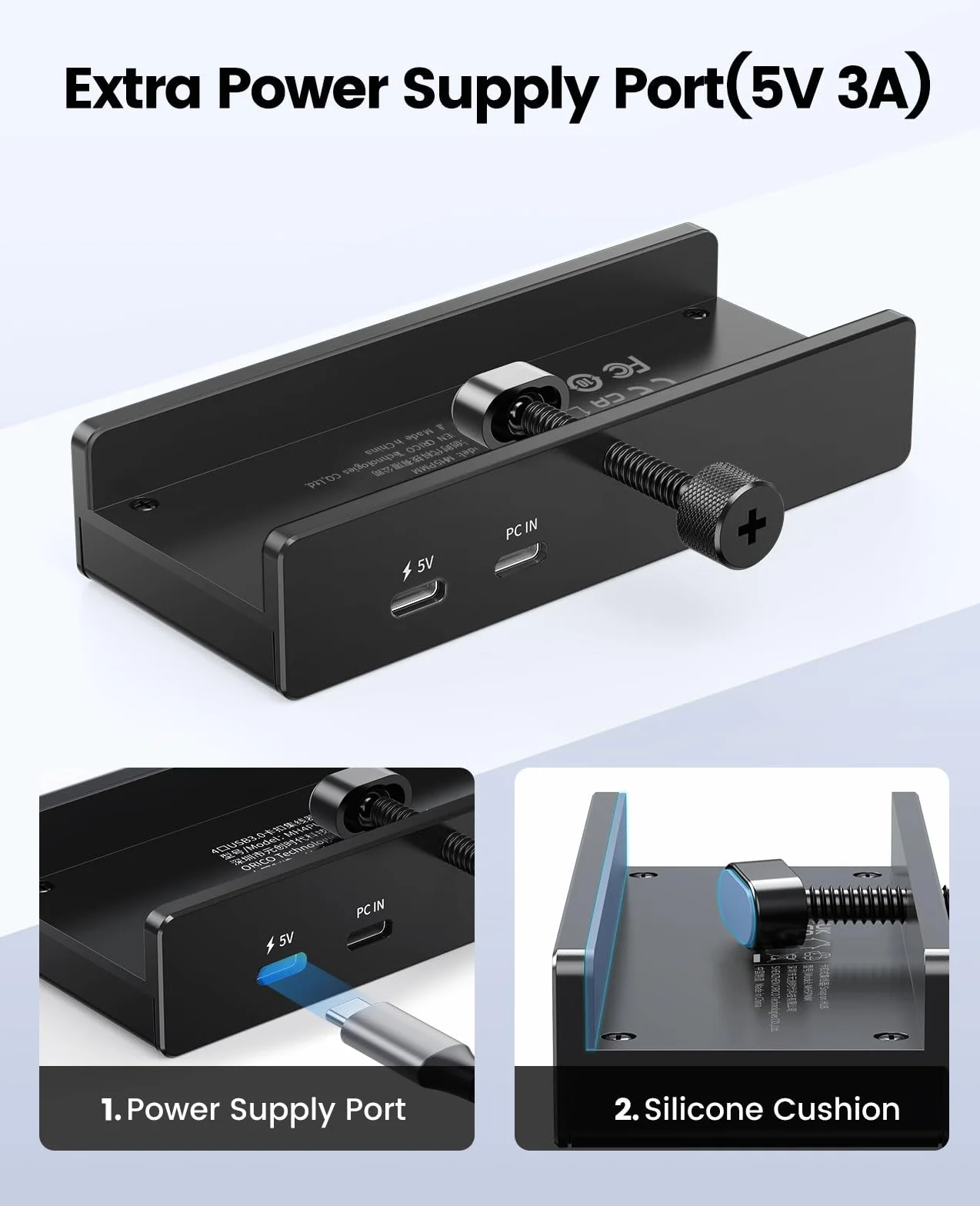 ORICO hub USB, aluminiowy hub USB 3.0 z mocowaniem 5V, 5Gbps 4-portowy rozdzielacz USB z 3 portami Typ-A 3.0 i 1 portem Typ-C 3.0, kabel 100 cm (C na A/C), do monitorów, biurek