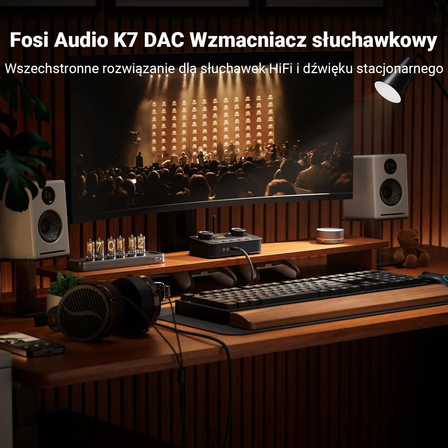 Fosi Audio K7 DAC Wzmacniacz słuchawkowy, konwerter audio USB C cyfrowo-analogowy, OPT/COA/Bluetooth aptX HD LL, wejście mikrofonowe, wyjście RCA