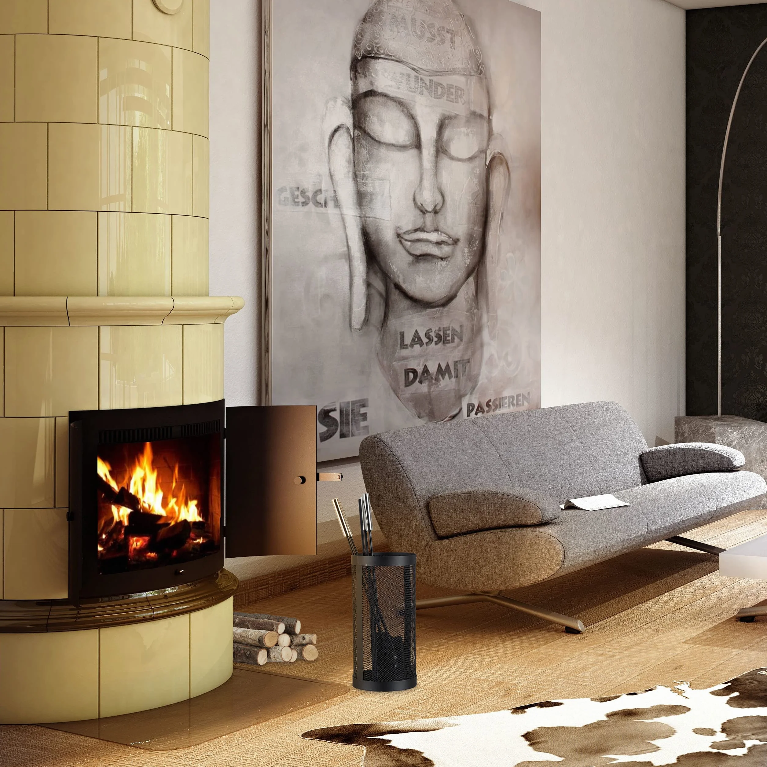 Relaxdays Zestaw kominkowy w wiadrze, 5-częściowy, łopatka, miotła, pogrzebacz, szczypce, czarny