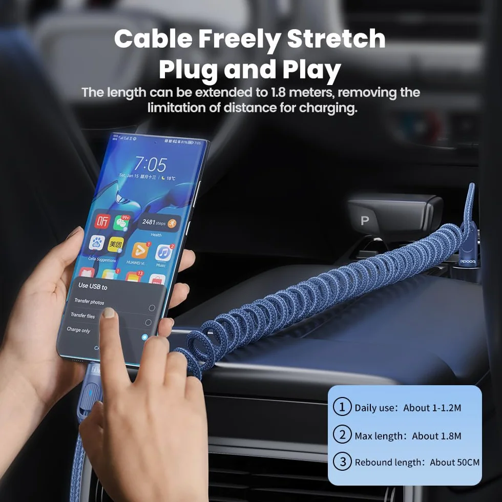 Toocki 60W Kabel Spiralny USB C do USB C Szybkie Ładowanie 1.8m Pleciony Nylon Kompatybilny z Galaxy Xiaomi Huawei iPhone 15/16/17