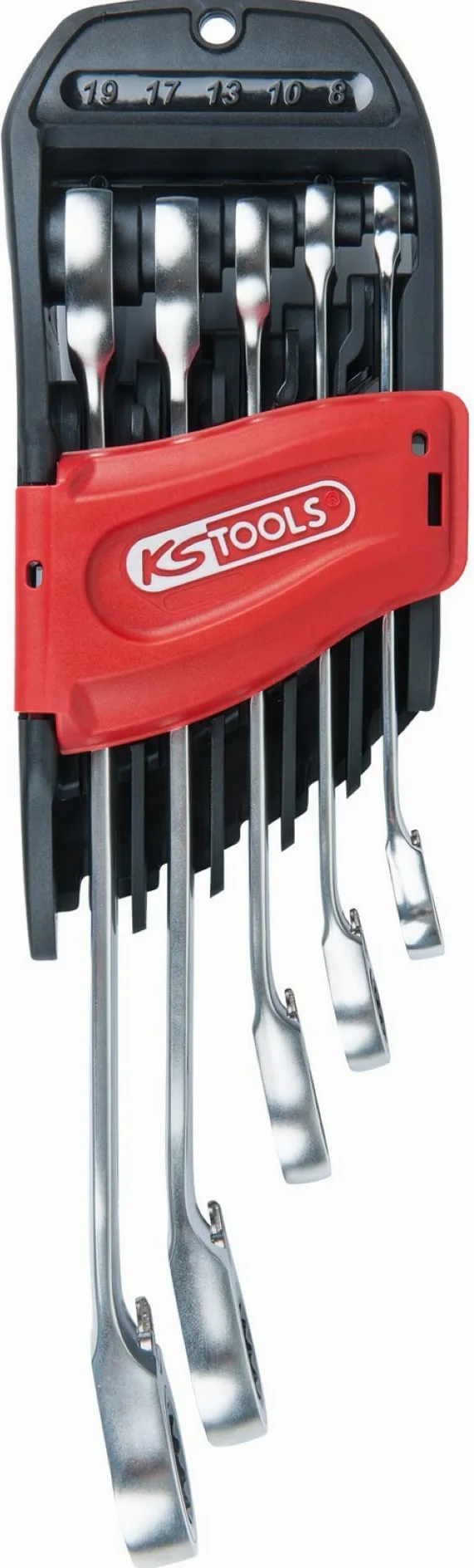 KS Tools 503.4661 GEARplus zestaw kluczy płasko-oczkowych z grzechotką, przełączany, 5-częściowy 8-19 mm, satynowy chrom