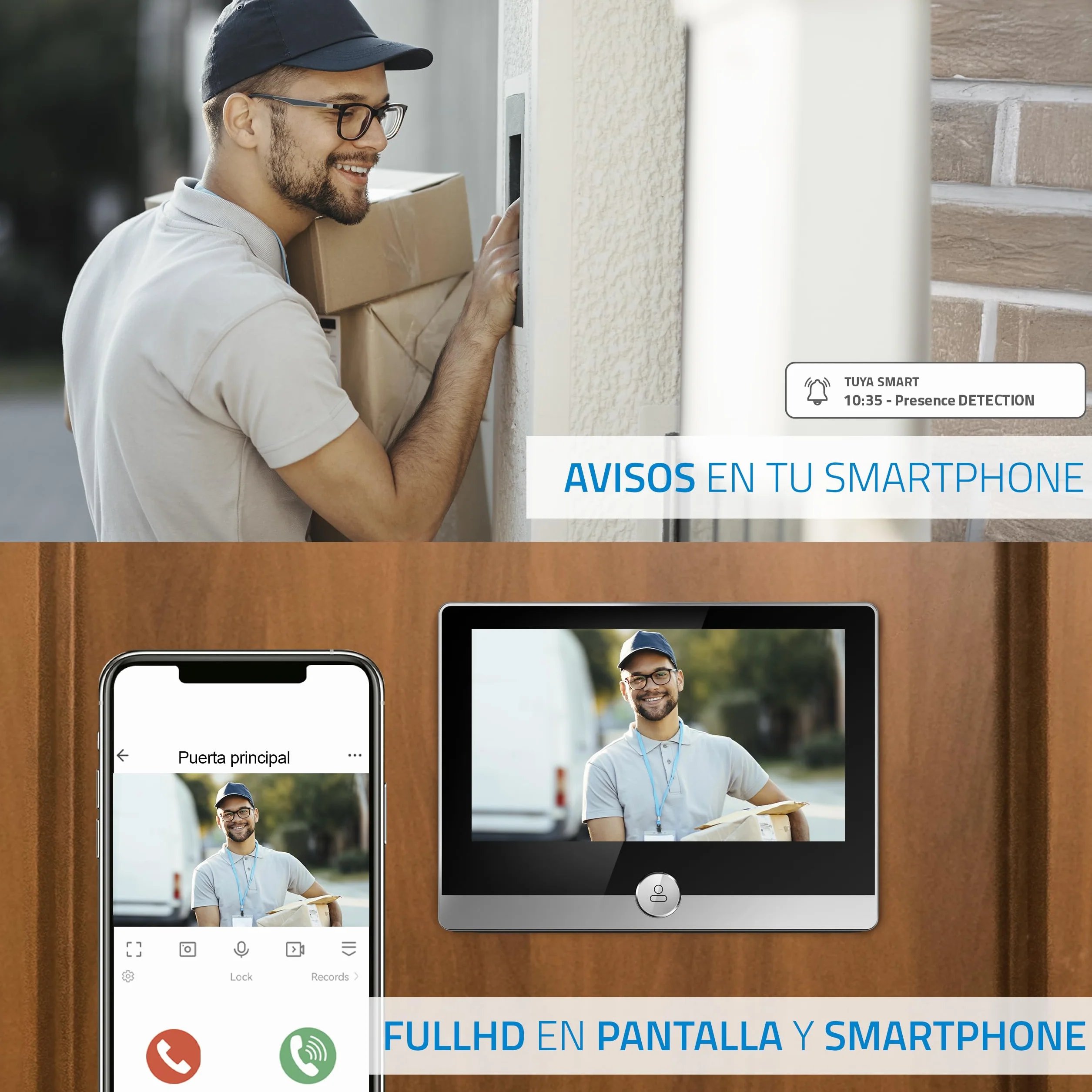 NIVIAN Wizjer cyfrowy WiFi - Kamera wideo Full HD z baterią i dzwonkiem, dwukierunkowym dźwiękiem, wykrywaniem PIR i noktowizorem | Sterowanie aplikacją i smartfonem