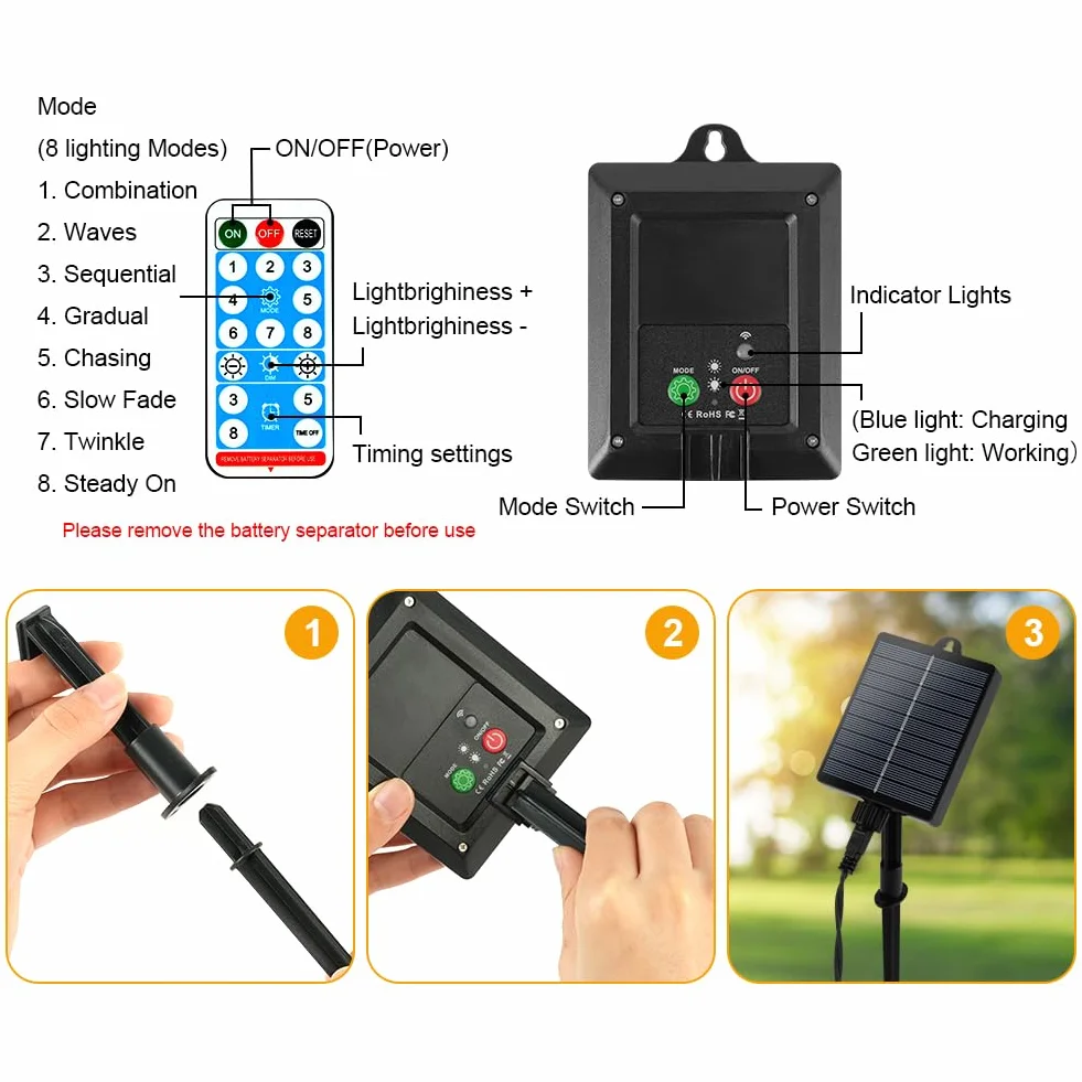 AUAUY Solarny łańcuch świetlny na zewnątrz, odporny na warunki atmosferyczne, 7 m, 50 diod LED, 8 trybów pracy, IP65, solarny łańcuch świetlny, kryształowe kule, oświetlenie zewnętrzne/wewnętrzne na