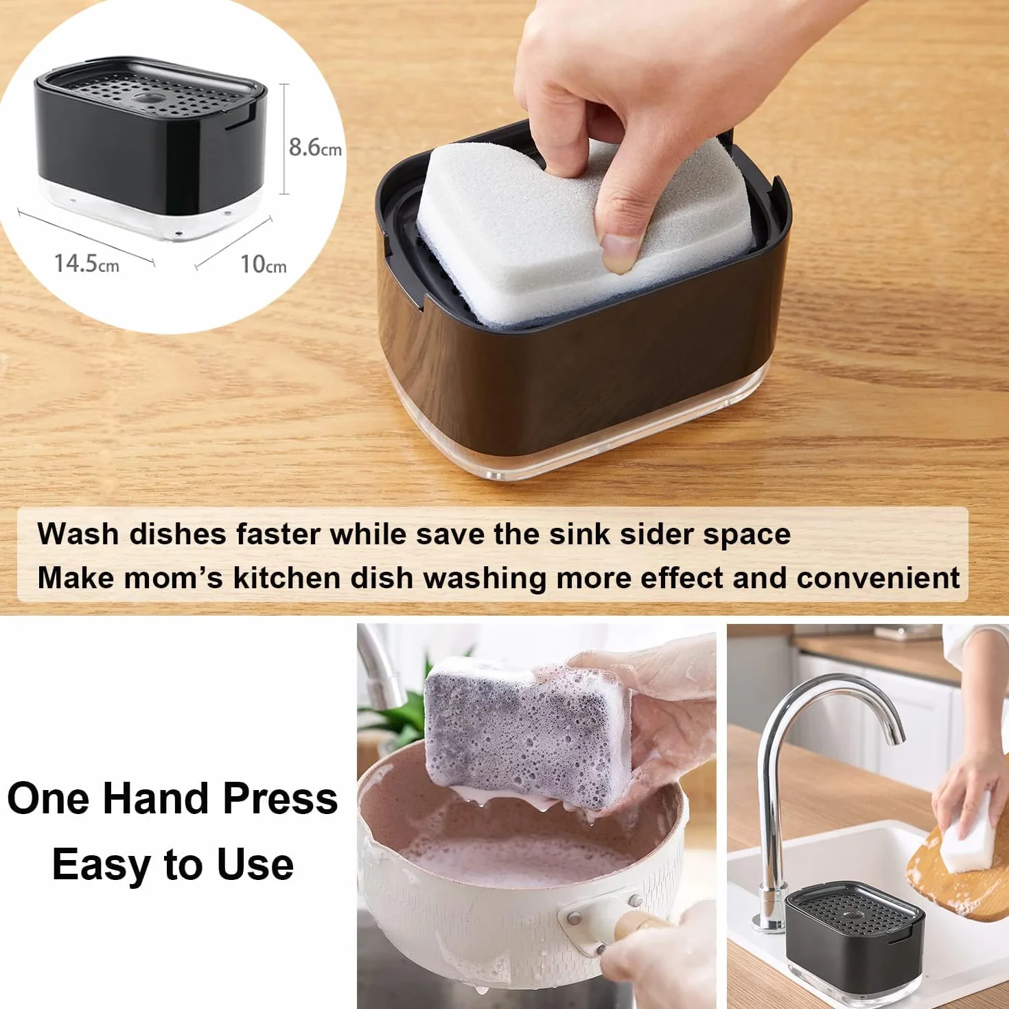 Collazoey Kitchen Washing Up Dozownik płynu do mycia 2 w 1, dozownik mydła z uchwytem na gąbkę, dozownik detergentu, w zestawie z gąbką do mycia naczyń (czarny)