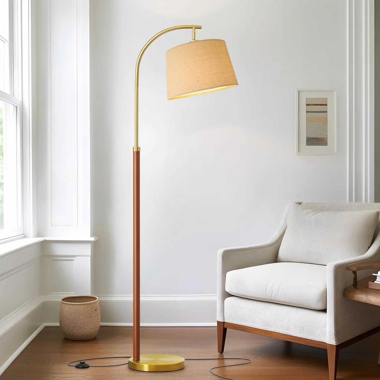G-SAFAVA Drewniana lampa podłogowa 158 cm do salonu, złota, z przełącznikiem nożnym, stojąca, wysokie lampy do sypialni, nowoczesne narożne lampy podłogowe do biura, przedszkola, przemysłowa lampa do