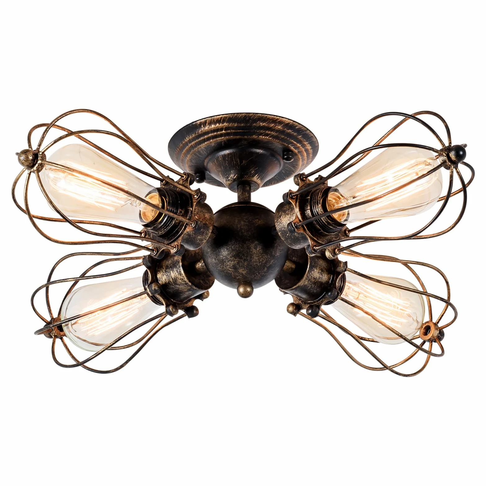 Luling Industrialna lampa sufitowa w stylu vintage, żyrandole, gniazdo E27, metalowy drut, klatka lampowa, półfalowa, rustykalna lampa sufitowa, metalowe oprawy oświetleniowe (bez żarówki) (z 4