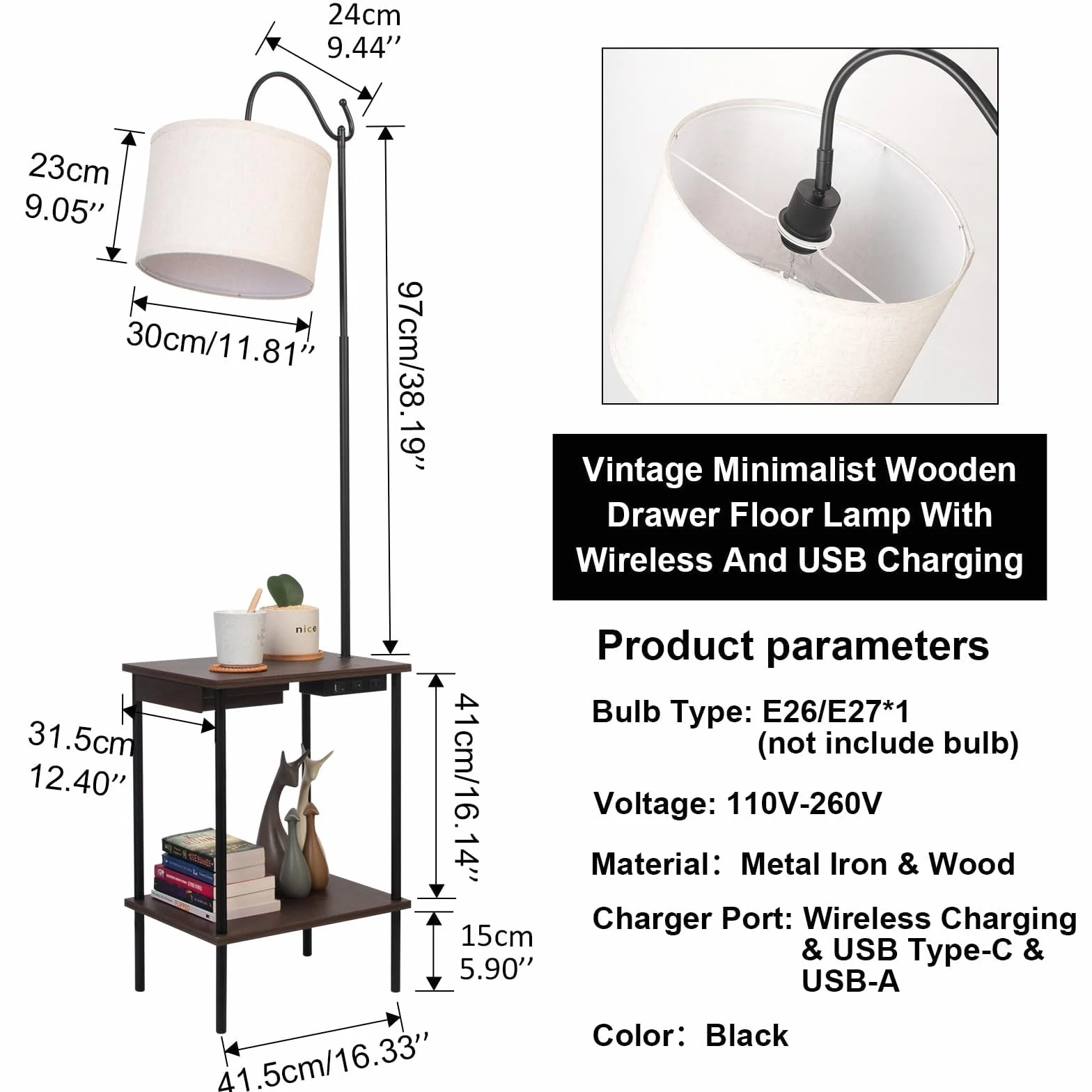 Czarna lampa podłogowa z stolikiem, lampa przemysłowa do salonu z podwójną półką, 2 porty USB, lampa podłogowa do gabinetu, salonu, biura i sypialni