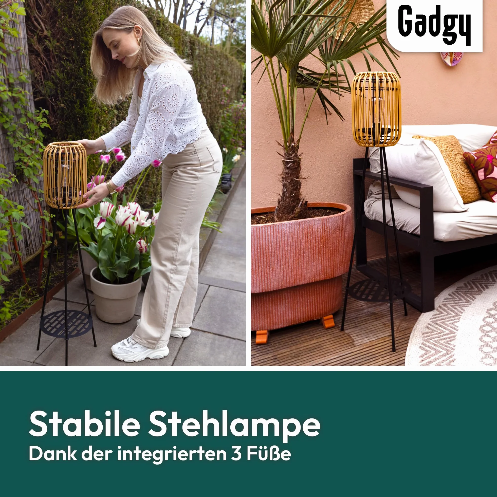 Gadgy Lampa Stojąca Solarna Na Zewnątrz - Rattanowa LED Na Trójnogu, Wodoodporna Lampa Ogrodowa Do Balkonu, Tarasu i Patio, Zrównoważone Dekoracyjne Oświetlenie Zewnętrzne