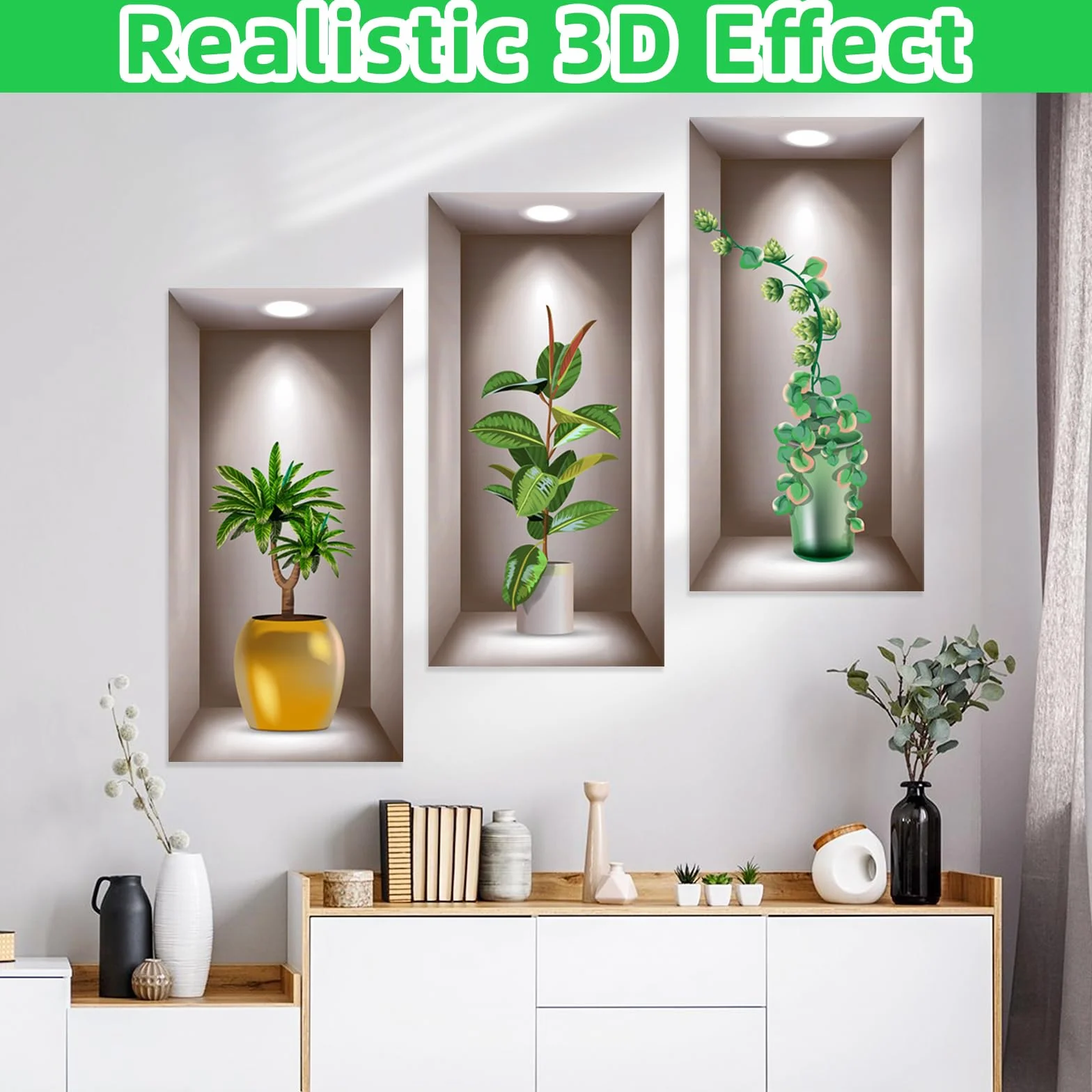 3 sztuki naklejek ściennych 3D na ścianę, tatuaż ścienny, do salonu, wazony, zielone rośliny, naklejki ścienne 3D, winylowe naklejki ścienne do sypialni, biura, kuchni, dekoracja ścienna