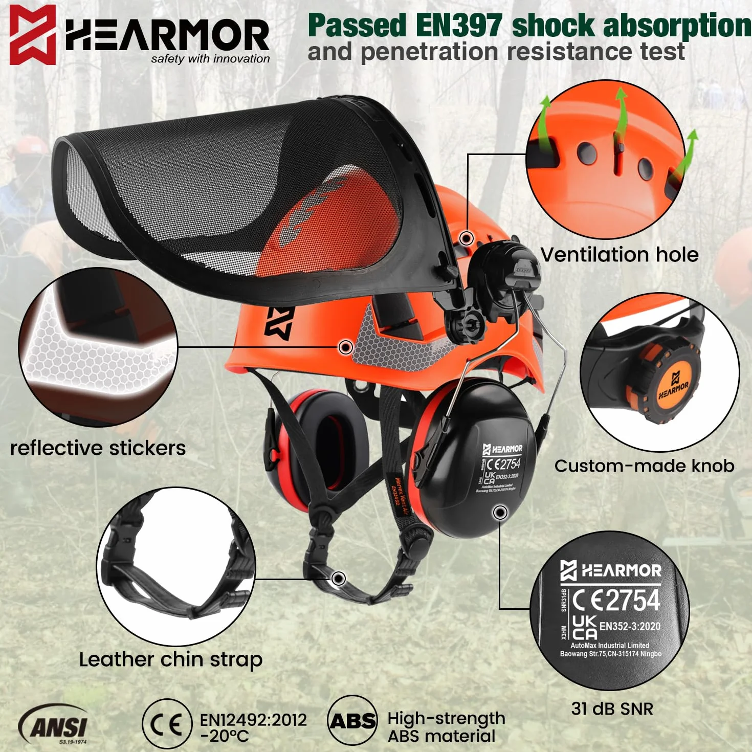 HEARMOR Mervex Forest Air kask ochronny ABS do wysokich miejsc pracy w obszarze leśnym, certyfikat EN12492, certyfikat EN397, amortyzacja uderzeń i odporność na penetrację, kask dla pracowników