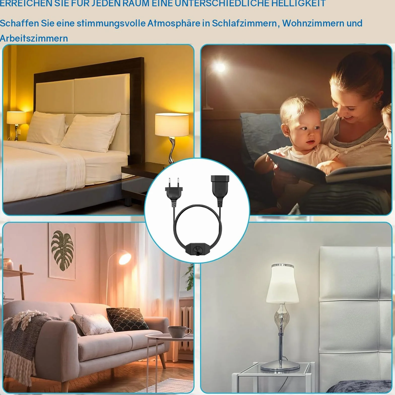 Powice ściemniacz LED z przełącznikiem - 2 metry Euro płaski wtyk do lamp LED, 220-250 V/100 W Max, gniazdo ściemniacza (czarne)