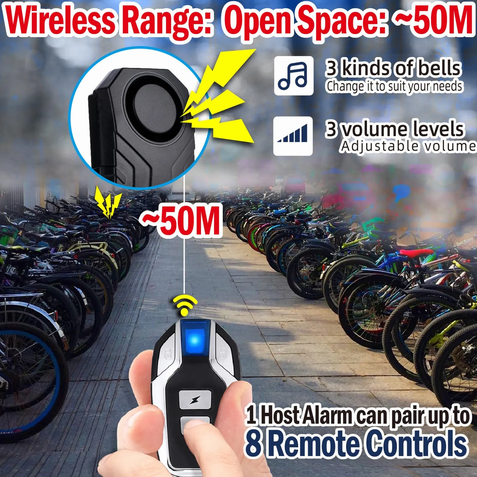 Mengshen Bezprzewodowy alarm rowerowy 113 dB wodoodporny z czujnikiem ruchu 4 czujniki 2 piloty