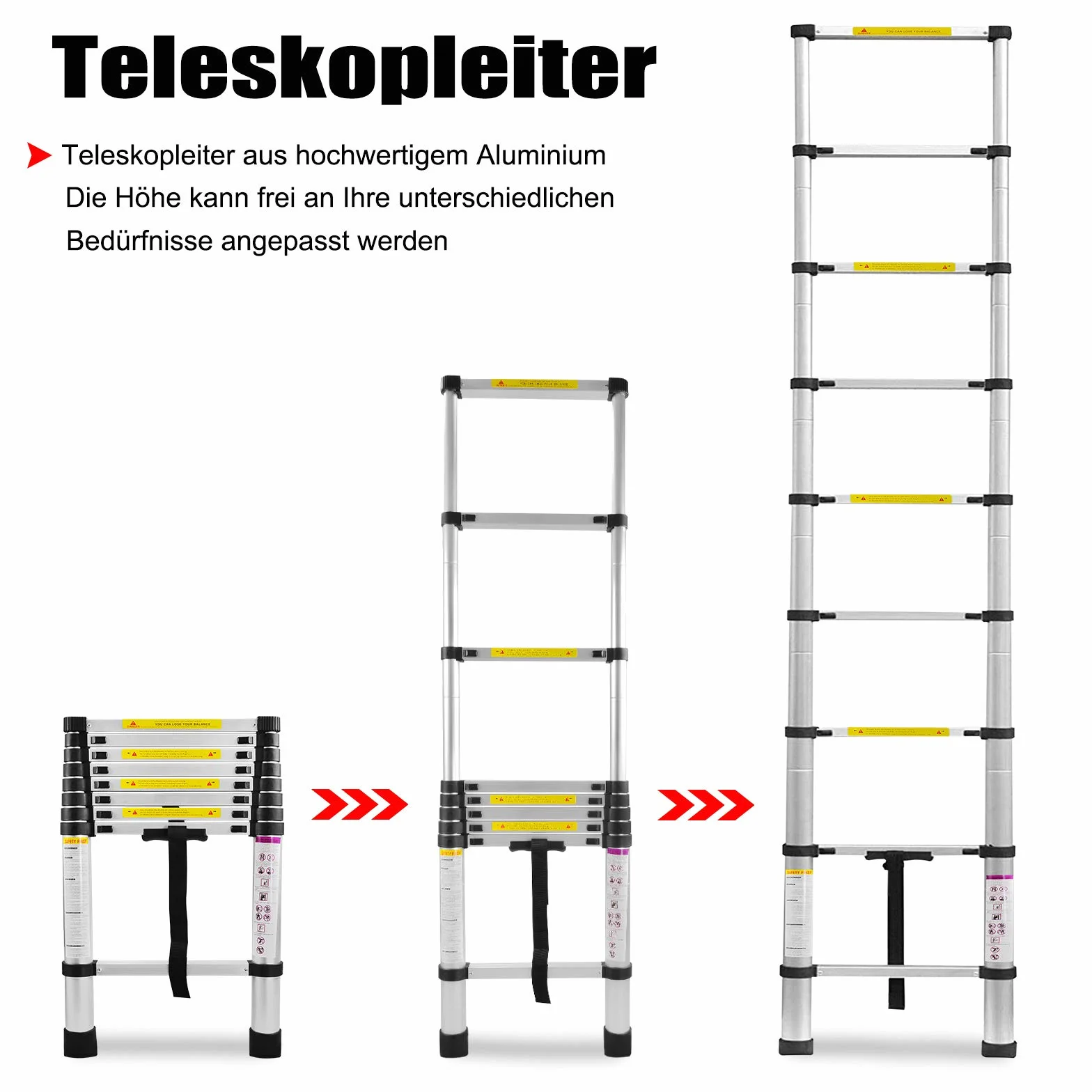 UISEBRT Aluminiowa drabina teleskopowa, 2,6 m, rozsuwana, wielofunkcyjna, antypoślizgowa, uniwersalna, aluminiowa drabina stojąca, obciążenie do 150 kg, srebrna