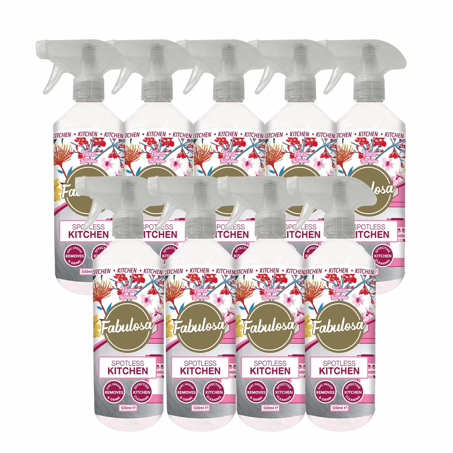 Uniwersalny środek do czyszczenia kuchni Fabulosa Spotless Kitchen w sprayu do wielu różnych powierzchni, o długotrwałym zapachu, 9 szt., 500 ml, Flora