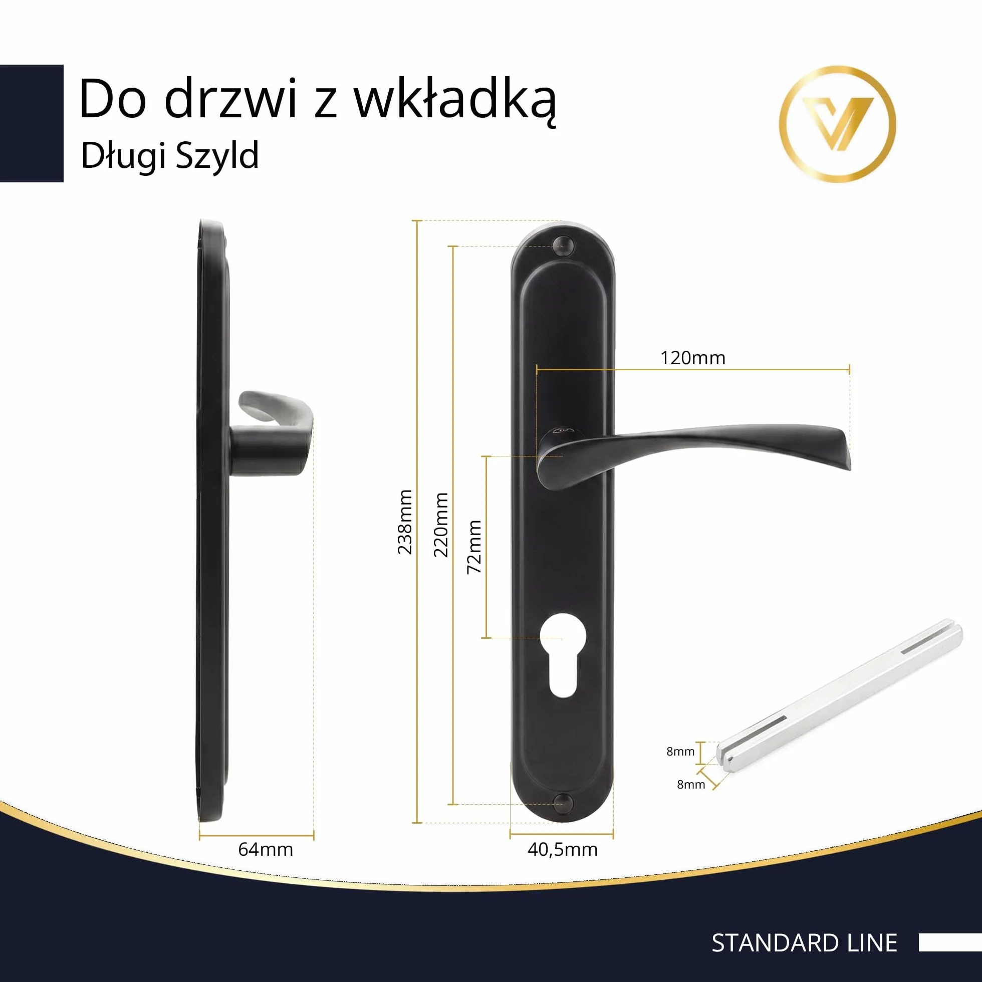 Klamka Okucie Drzwiowe 72mm Zestaw do Drzwi 40-62 mm Zewnętrznych Długi Szyld Lewa Prawa Łatwy Montaż Stal Aluminium System na Wkładkę Nowoczesna 120mm x 64mm Czarny Mat -K-517-72 P2