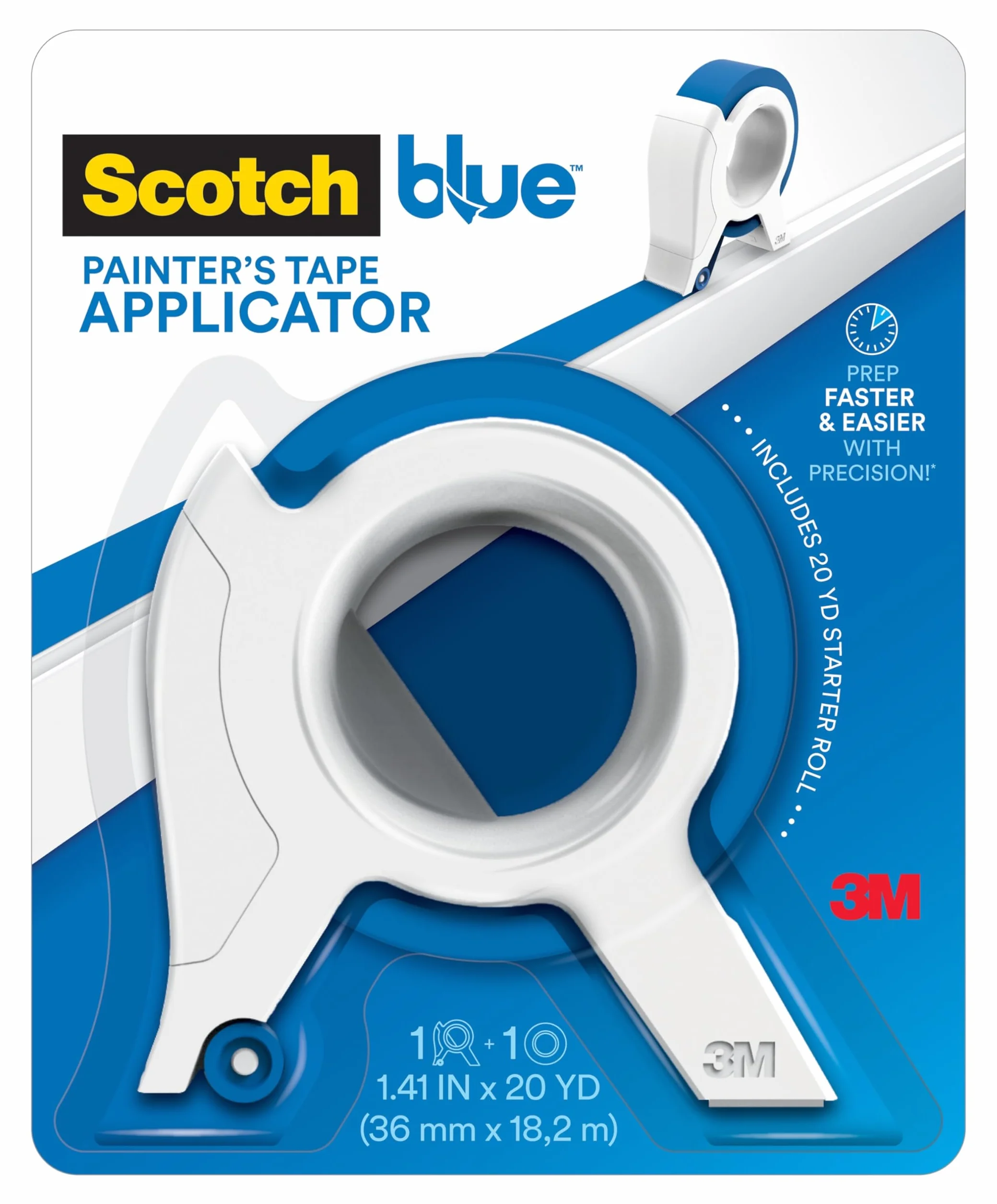 ScotchBlue Aplikator taśmy malarskiej, nakłada taśmę malarską w jednym ciągłym pasku, aplikator taśmy malarskiej do wykończenia, okien i ram drzwiowych, 1,41 cala x 20 metrów, 1 rolka startowa
