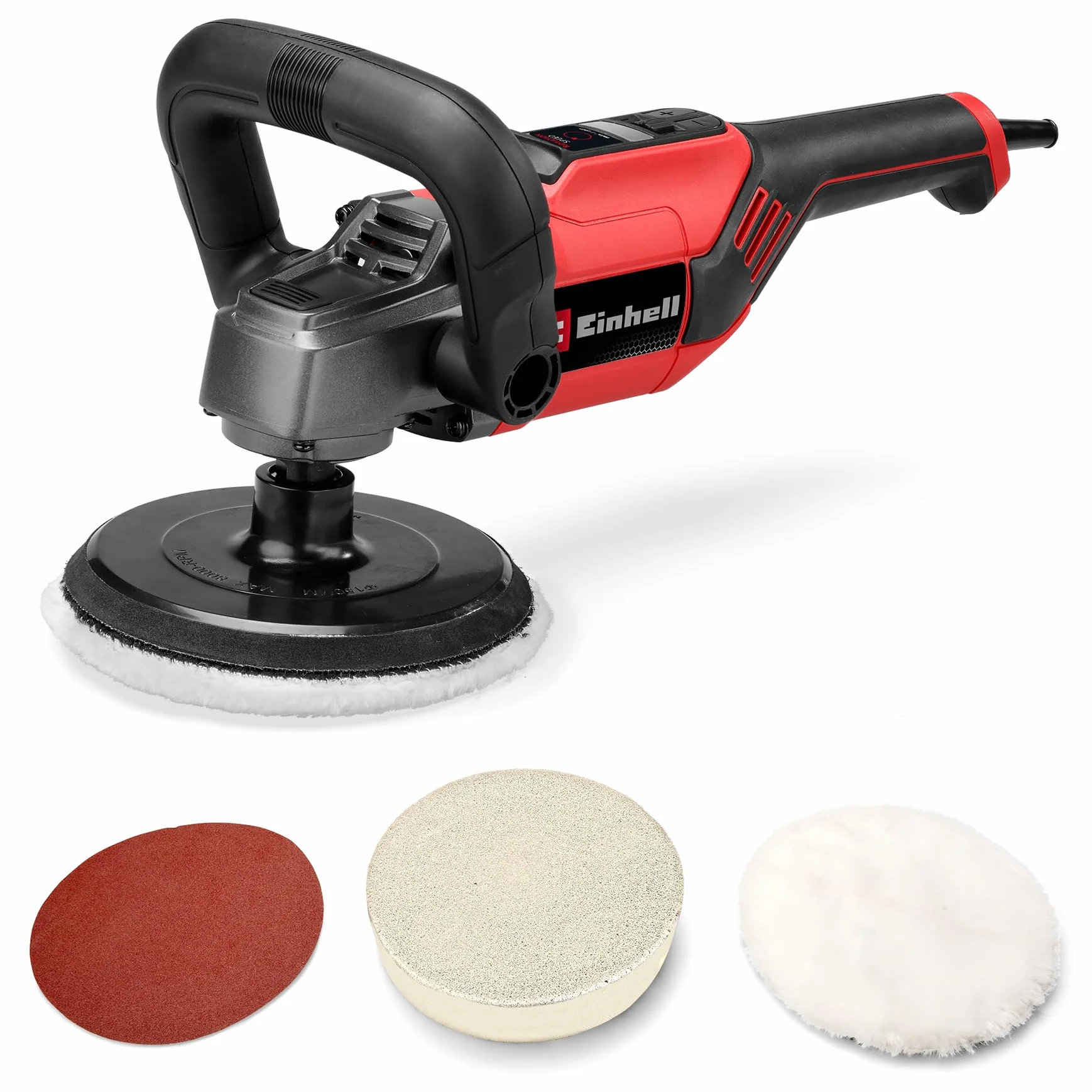 Polerka i szlifierka CC-PO 1100/150 CE Einhell (1100 W, podkładka szlifierska Ø 150 mm, elektroniczna regulacja prędkości obrotowej 500 – 3500 min-1, elektronika stała, mocowanie do odrywania,