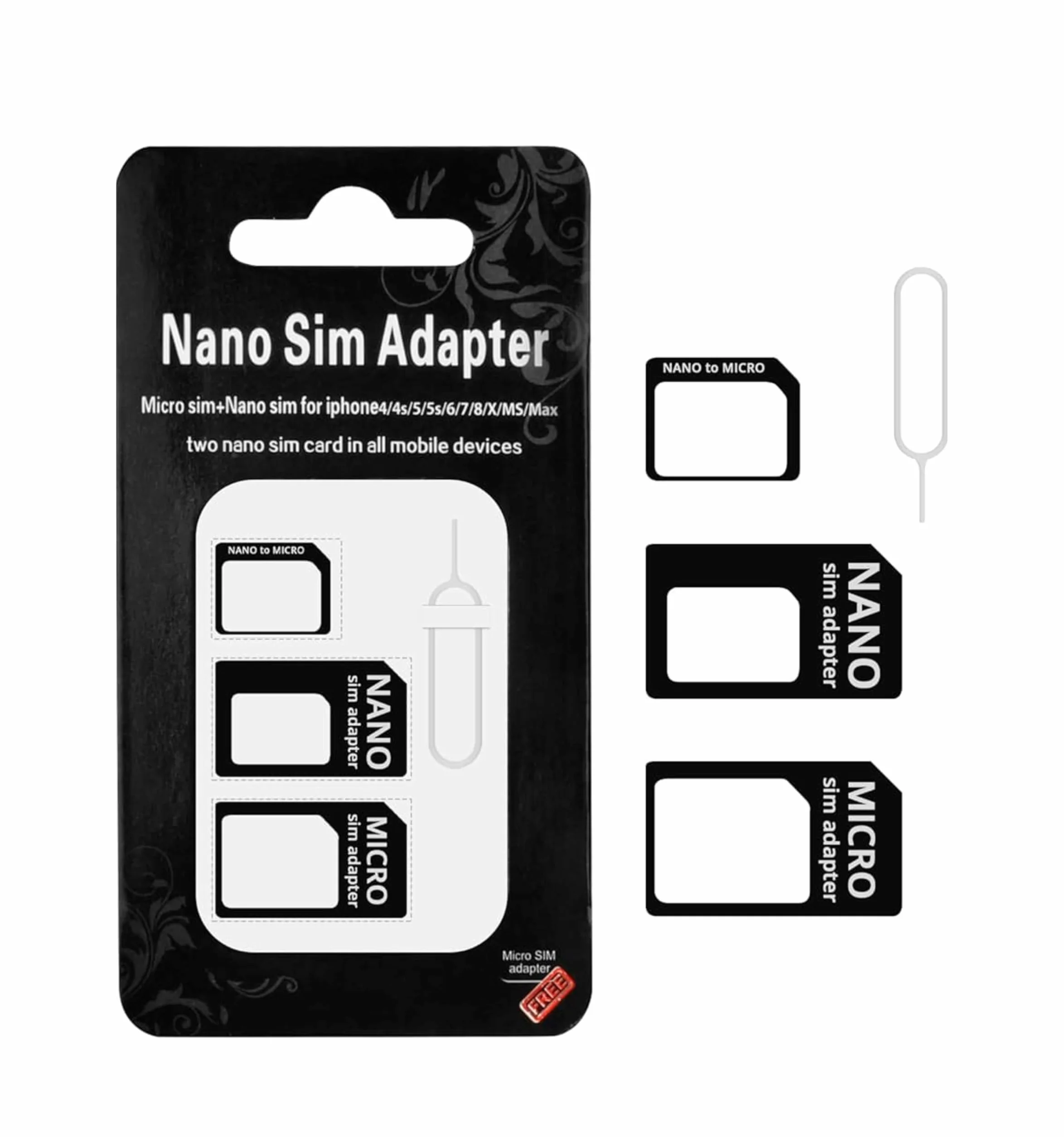 1X Kit Adapter do kart SIM 4 w 1, czarny | Nano SIM do Micro SIM, Nano SIM do SIM, Micro SIM do SIM, klips do wyjmowania | Zestaw do smartfonów Sim Adapter