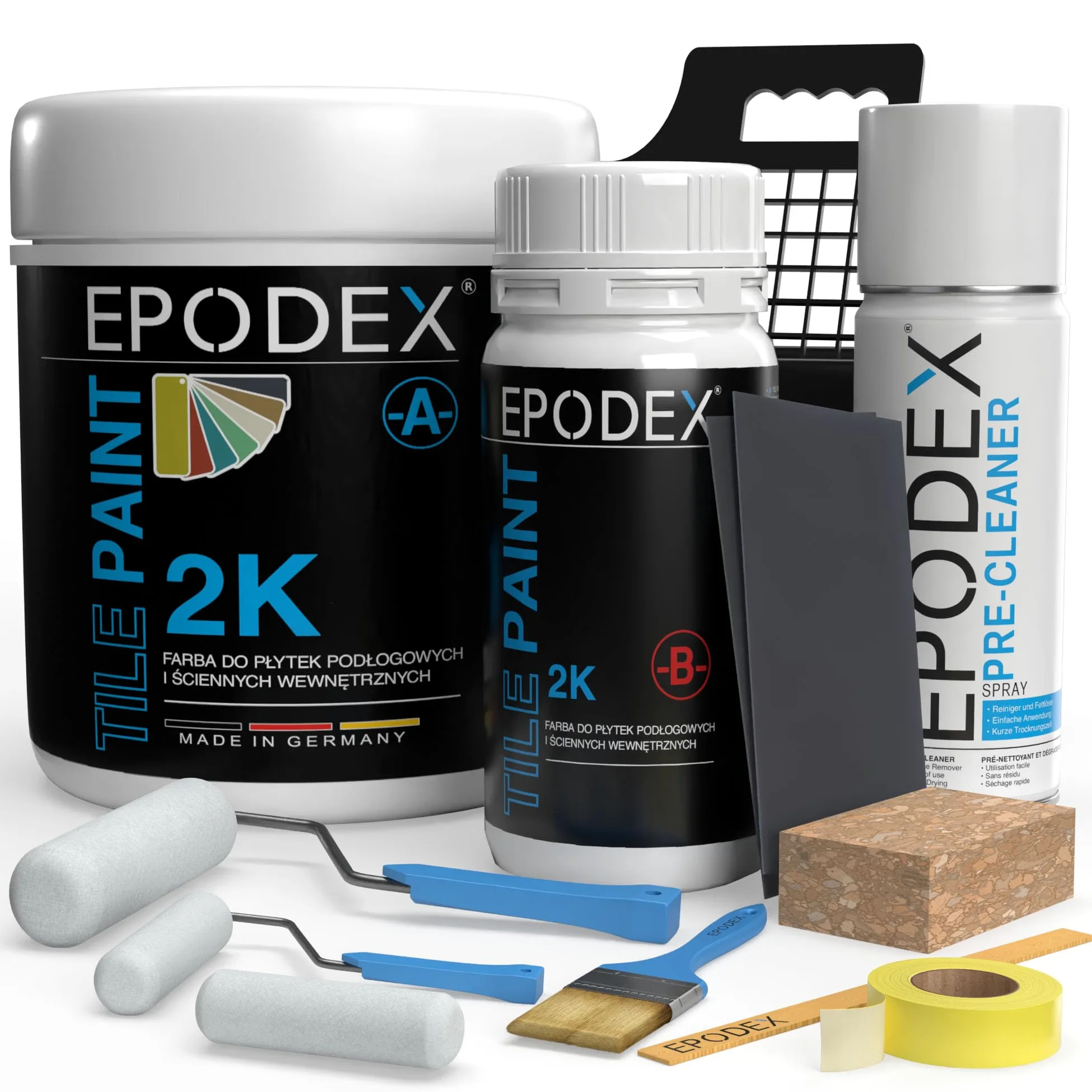 EPODEX Lakier do płytek 2K z akcesoriami - Szary stalowy - Pastel | Farba epoksydowa na ściany i podłogi do łazienki i kuchni – Biały, szary, beż i inne kolory - 1,8 kg (7 m² dla 2 warstw)