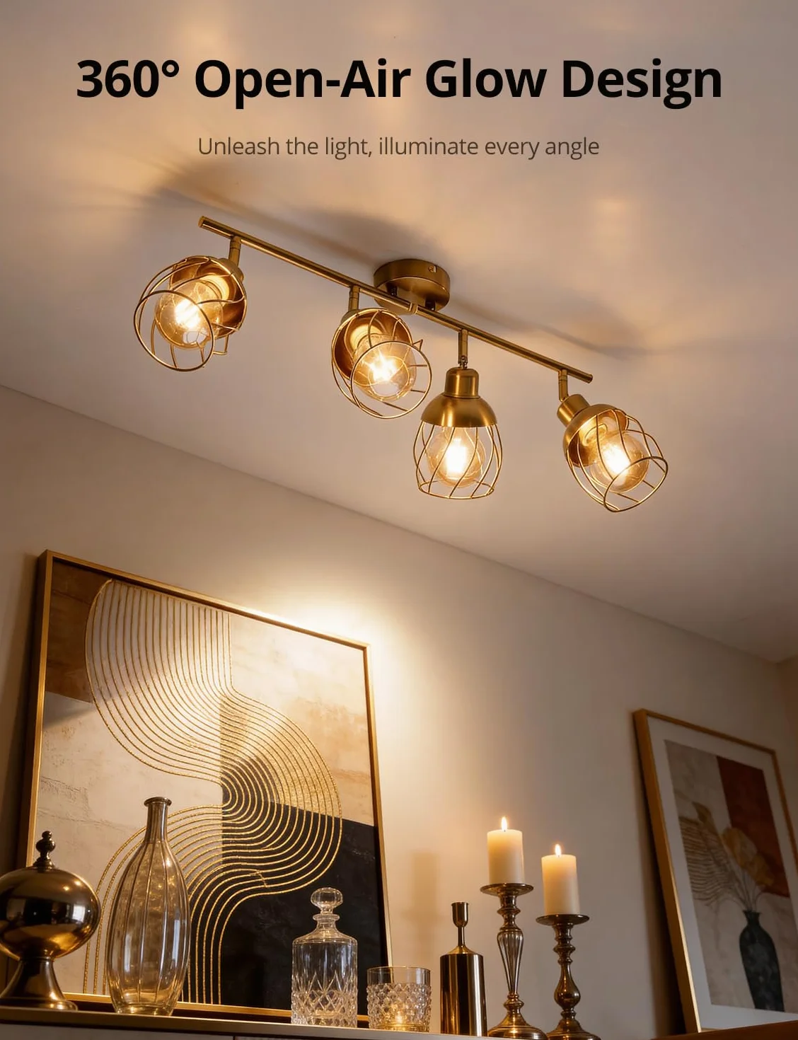 Bojim Oświetlenie wewnętrzne, żyrandol, kuchnia, lampa sufitowa, 4 obrotowe reflektory LED, złoty przemysłowy reflektor sufitowy, metal, jadalnia do sypialni, salonu, przedpokoju (bez żarówki)