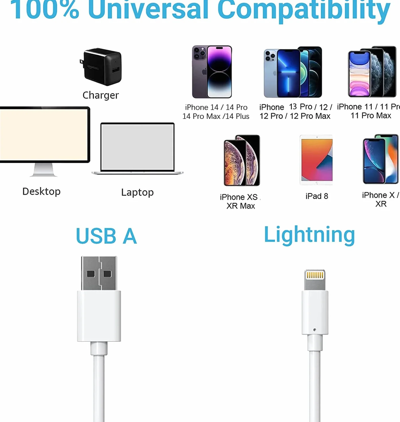 Quntis Zestaw 3 kabli do ładowania iPhone’a, długość 2 m, certyfikowany kabel MFi USB z podświetleniem do ładowania, kompatybilny z iPhonem 11, 12, 13, Pro Max, XR, X, XS, 8 Plus, 8 i iPadem Pro