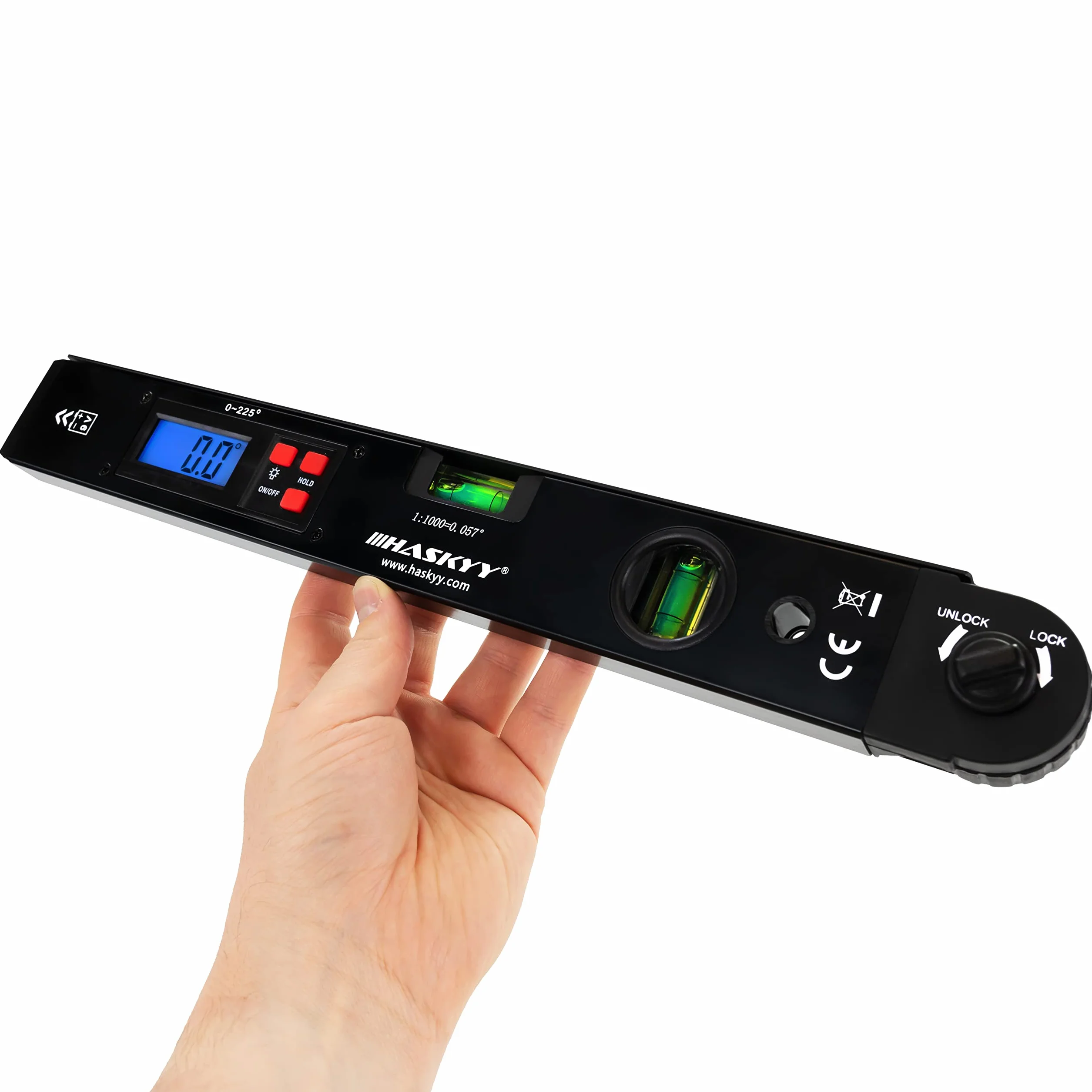 HASKYY Cyfrowy Kątomierz z Wyświetlaczem LCD 415mm Elektroniczna Poziomica i Inklinometr 220° z Aluminium - Precyzyjne Narzędzie Pomiarowe do Stolarki, Budowy i Montażu