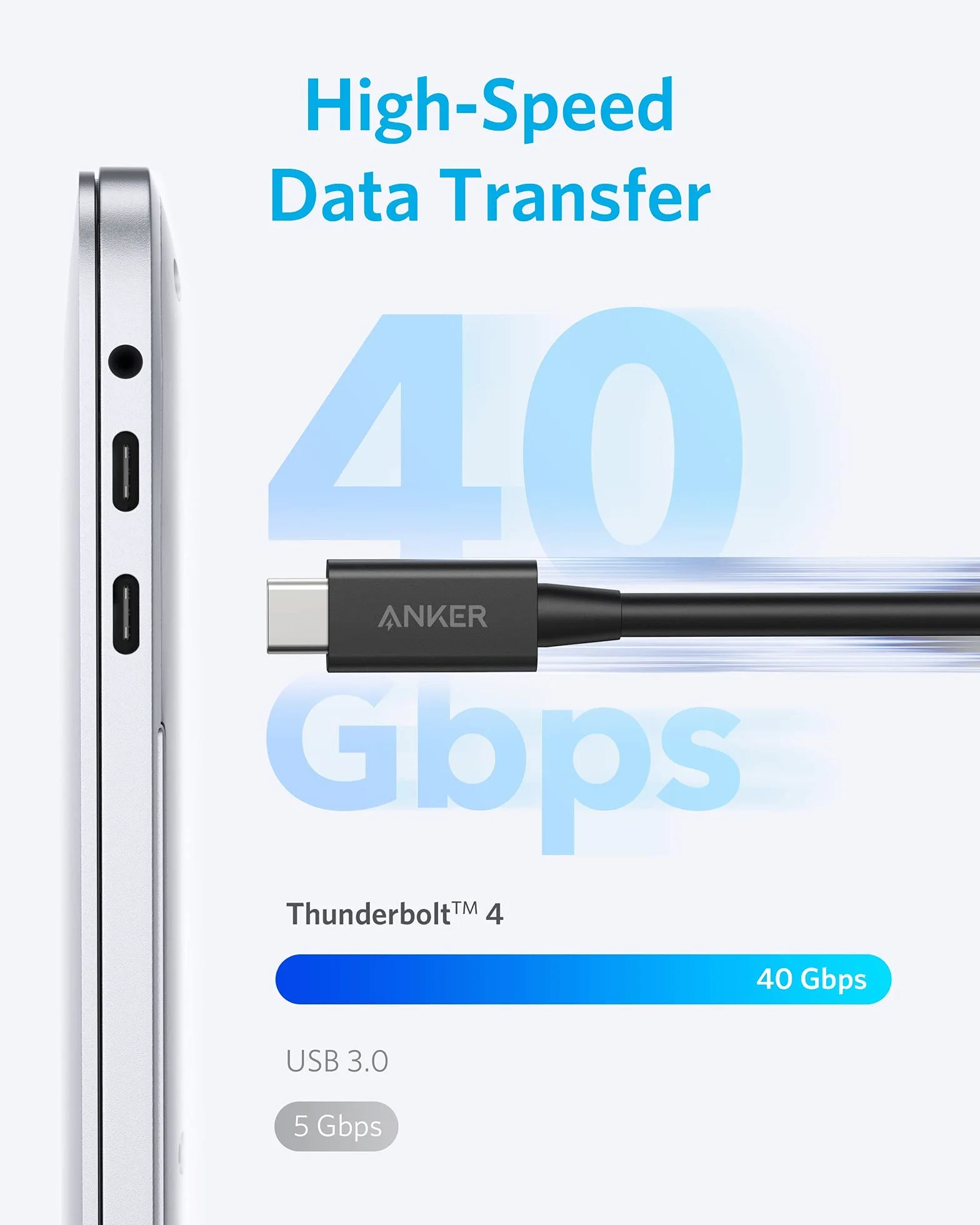 Kabel Anker Thunderbolt 4 o długości 70 cm, wyświetlacz 8K/transfer danych 40 Gb/s /kabel ładujący 100W USB-C, kompatybilny z iPhone 15, MacBookami USB-C, iPadem Pro, koncentratorami, dokami, certyfikowaniem Intel Thunderbolt