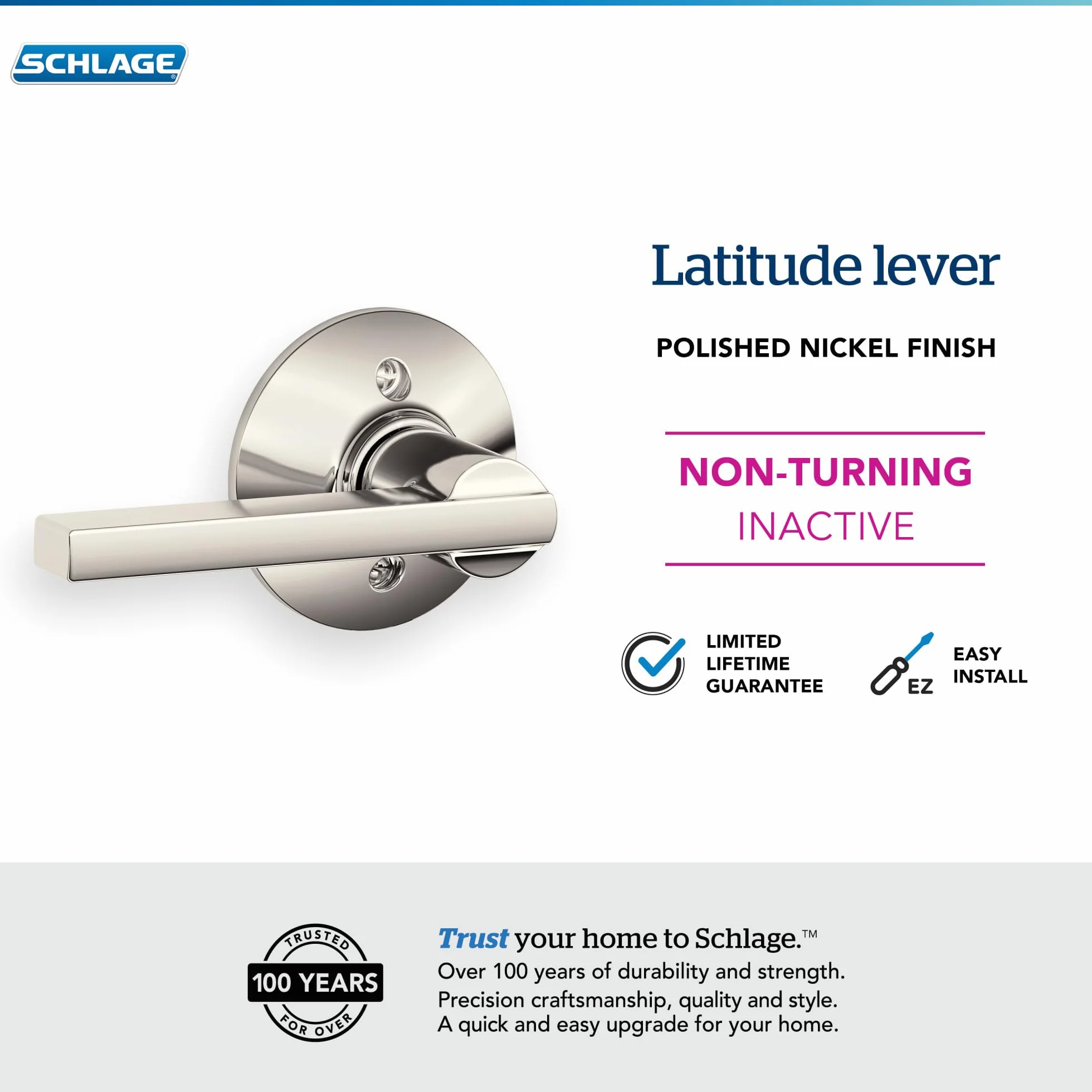 SCHLAGE Lever Non-Turning Lock, Polished Nickel (F170 LAT 618)