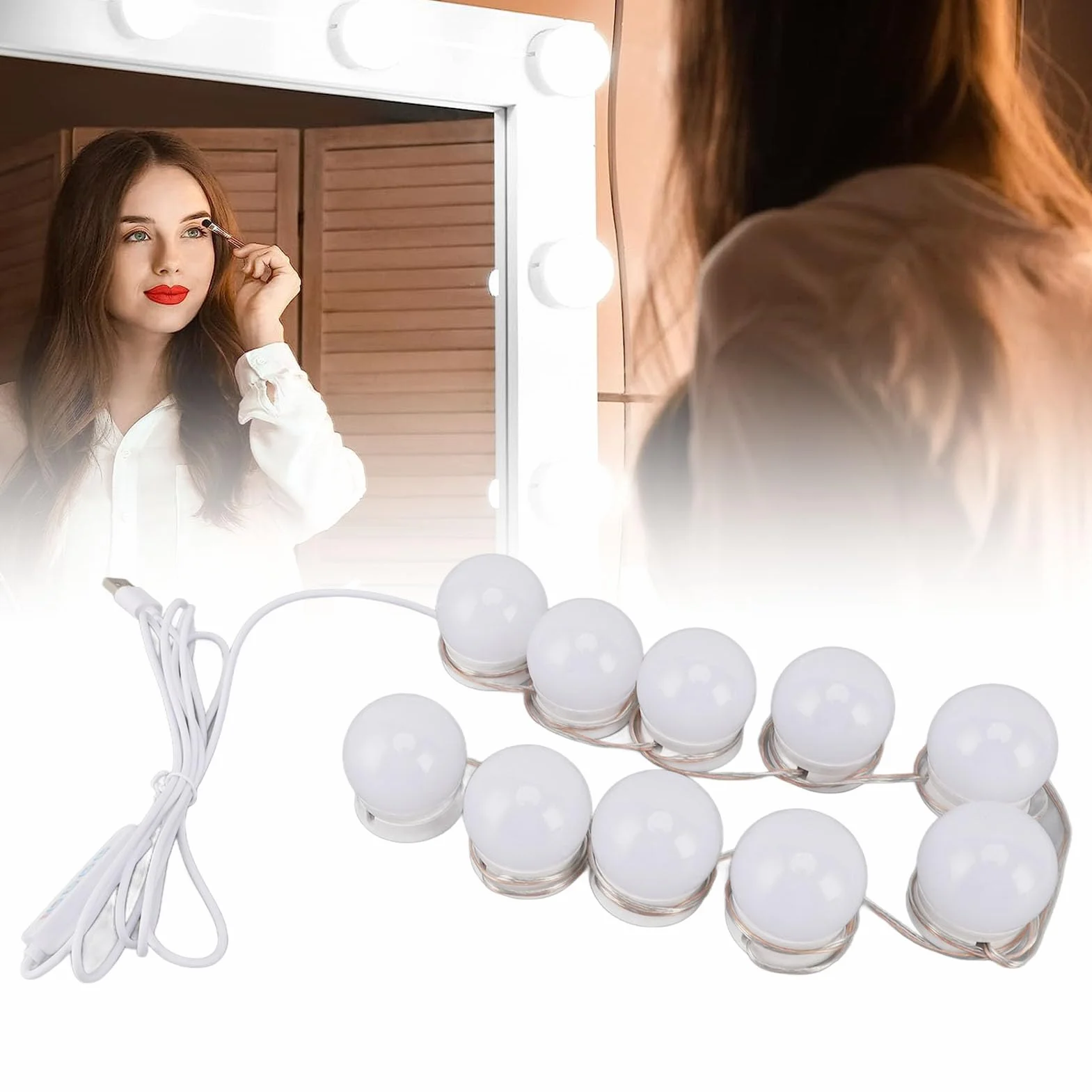 Lampki Toaletkowe LED z 10 ściemnialnymi żarówkami, Lampki Toaletkowe w Stylu Hollywoodzkim, Regulowane Białe i Jasne światła Lustrzane USB, Przyklejane do Makijażu, Garderoby,