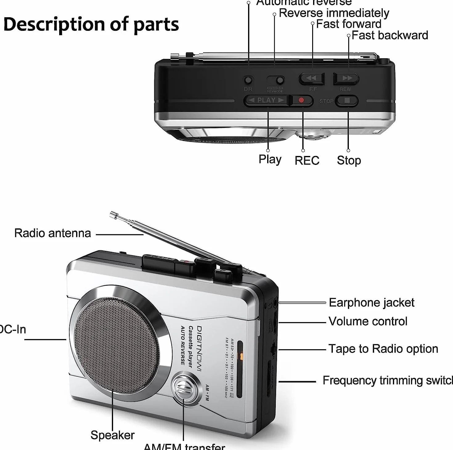 Walkman Przenośny Odtwarzacz Magnetofonowy Radio FM AM z Dyktafonem, Gniazdo 3,5 mm