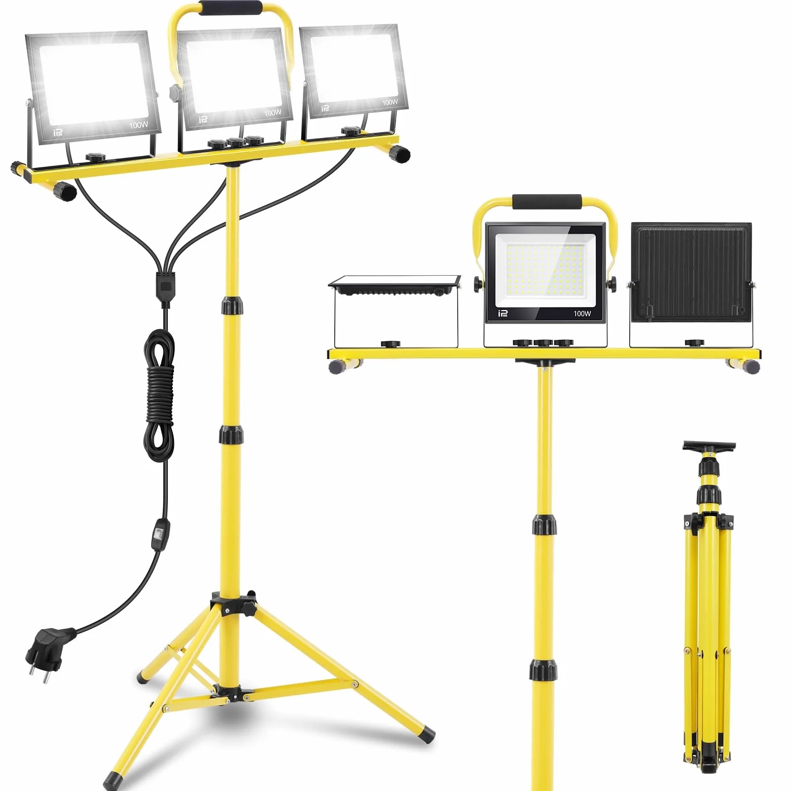 papasbox Reflektor budowlany LED 300 W z wtyczką i przełącznikiem statywu, 6500 K, zimna biel, reflektor na plac budowy, wodoszczelność IP66, 300 W, 150 W, 90 W, lampa budowlana do warsztatu, na plac