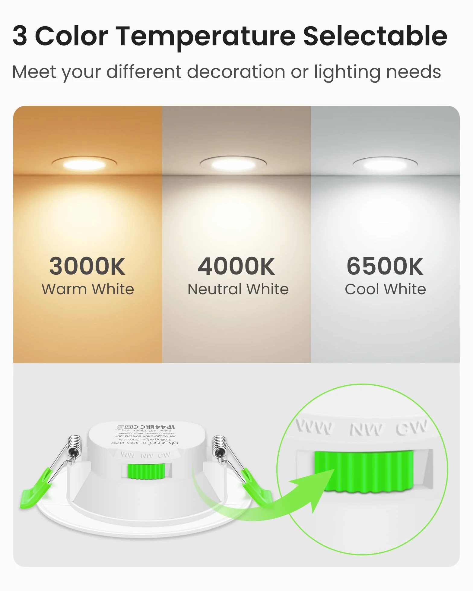 ALUSSO Regulowana Oświetlenie LED Spot 230V 7W Oświetlenie Sufitowe 3000K 4000K 6500K Wodoodporne IP44 Regulowane Wbudowane Oświetlenie Sufitowe do Łazienki, Salonu, Opakowanie 6szt, Okrągłe, Białe