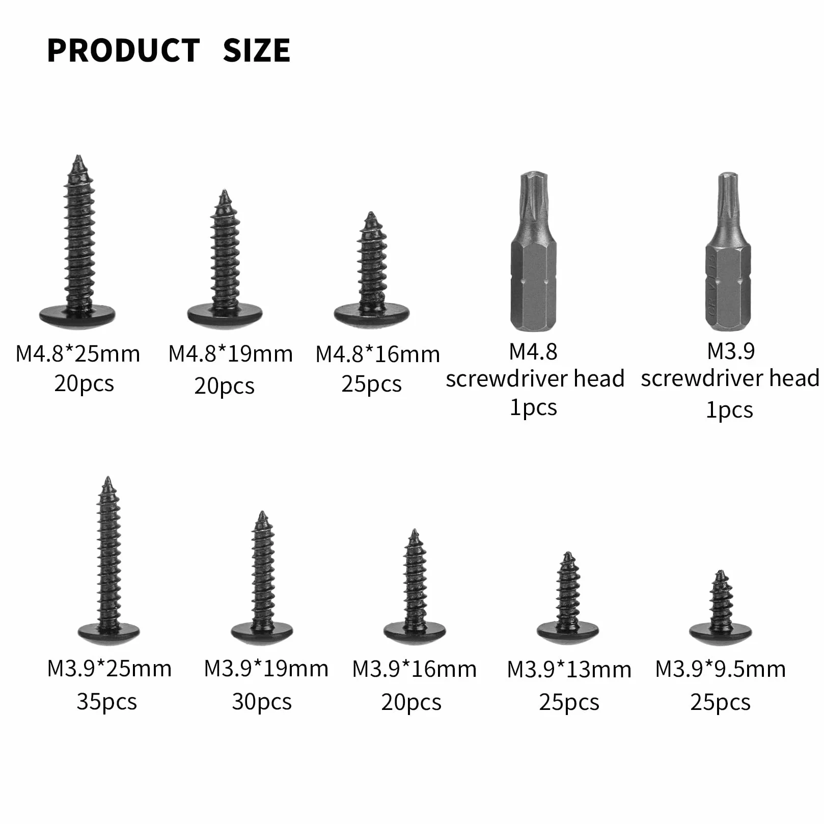 200 sztuk Wkręty M4.8 M3.9 do blachy, Wkręty samowiercące, Czarne, Wkręty do karoserii, Zestaw wkrętów do drewna Torx, Wkręty z płaskim czołem, Wkręty z łbem tarczowym z zestawem wkrętów Torx (Czarne
