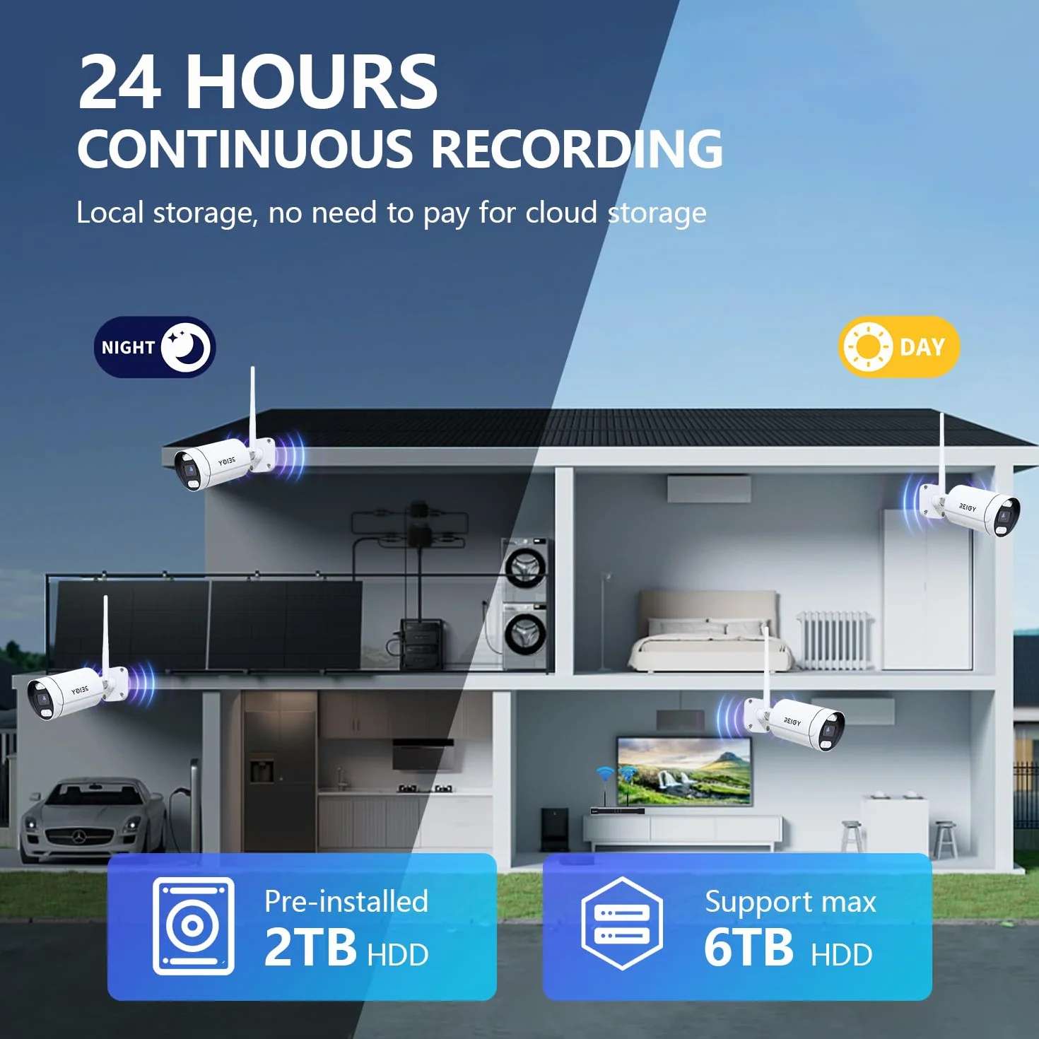 REIGY 8MP zestaw kamer WLAN do monitorowania na zewnątrz z dyskiem twardym 2TB, system nadzoru 4K 16CH WiFi NVR + 4x2160P kamera na zewnątrz, dwukierunkowa technologia audio, wykrywanie ruchu