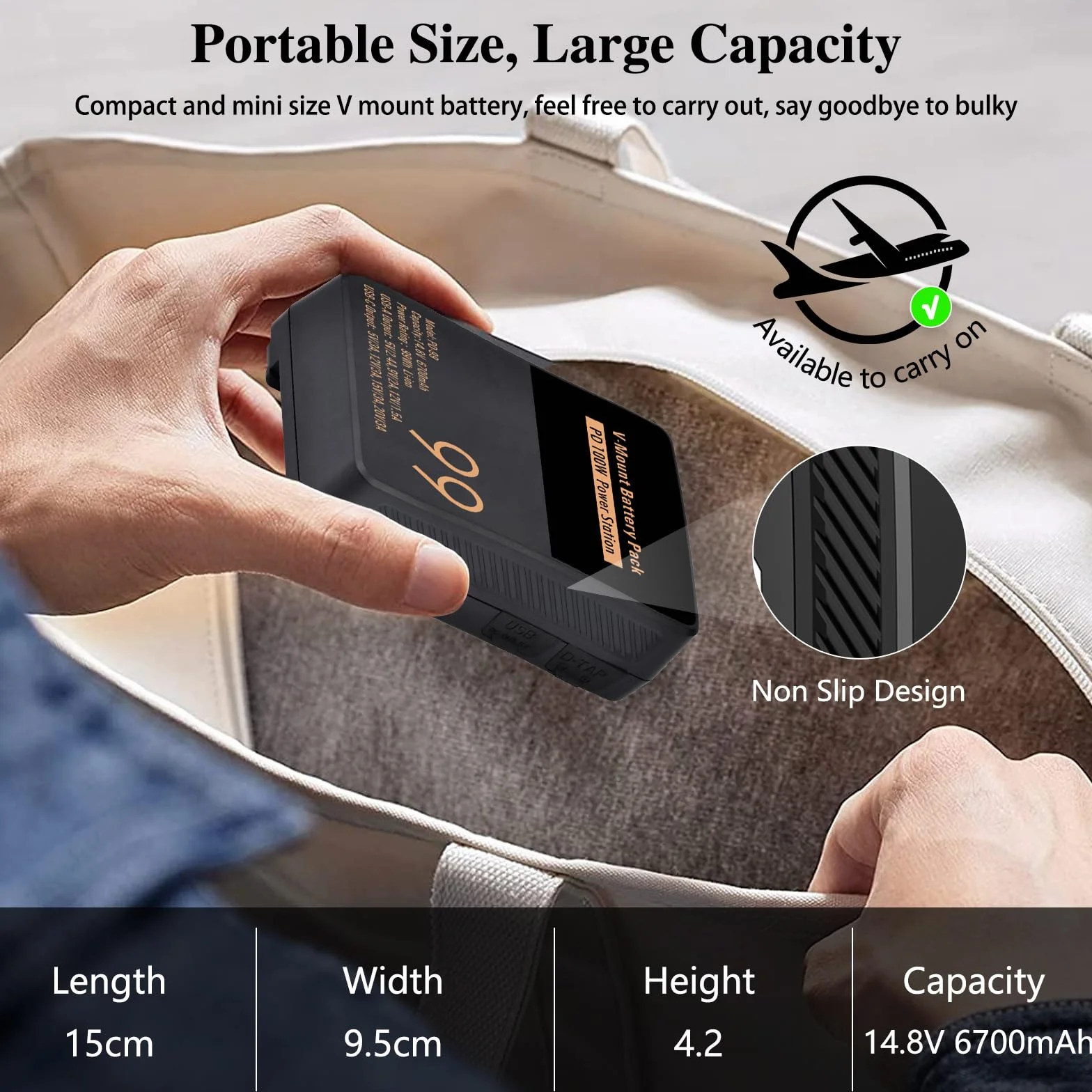V Mount/V-Lock akumulator 99 Wh 6700 mAh Mini V-Mount akumulator z PD 100 W USB-C kabel do szybkiego ładowania i wtyczka PD 65 W do kamkordera, aparatu, monitora polowego, oświetlenia wideo