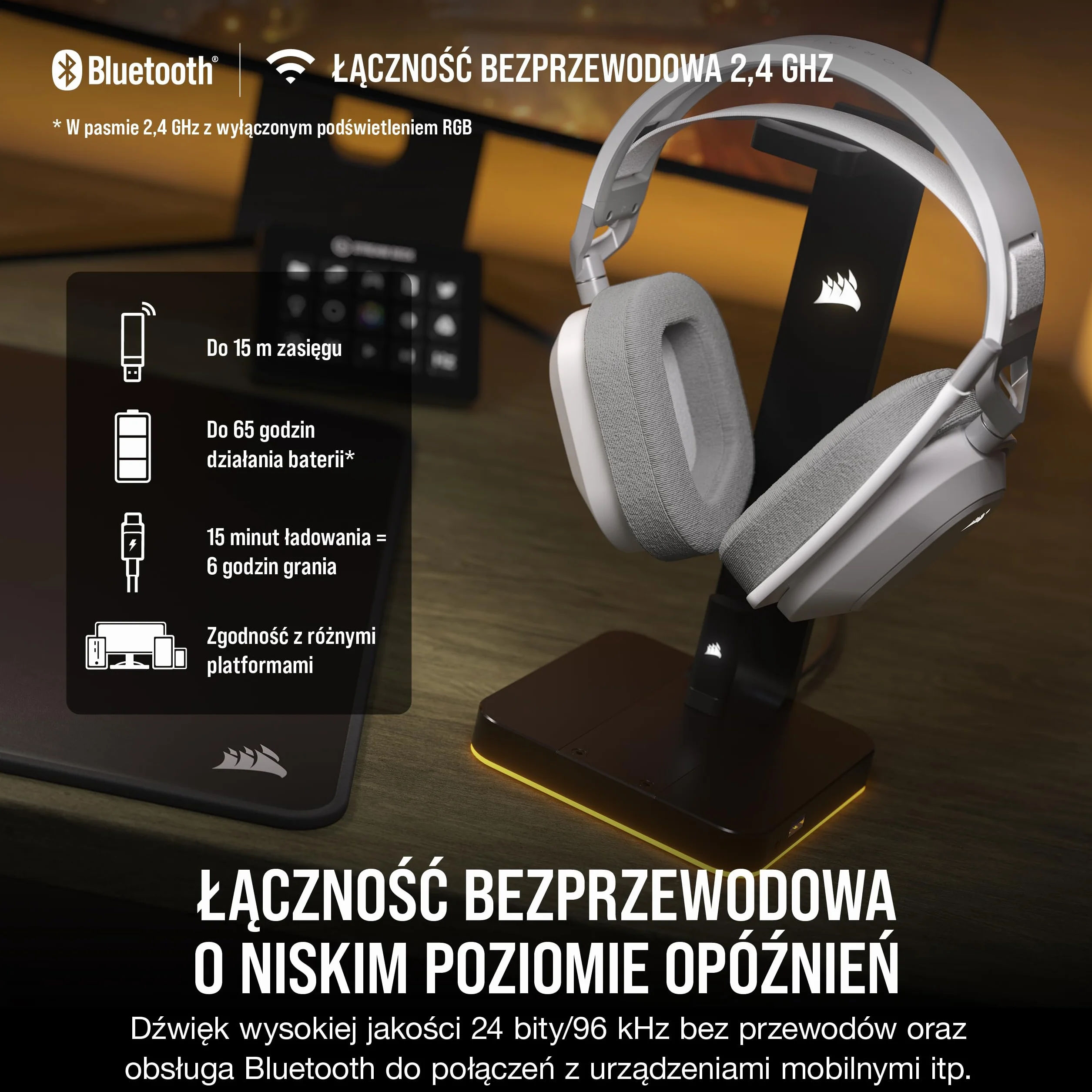 Corsair HS80 MAX WIRELESS Wieloplatformowy Zestaw Słuchawkowy do Gier Bluetooth Dolby Atmos Biały
