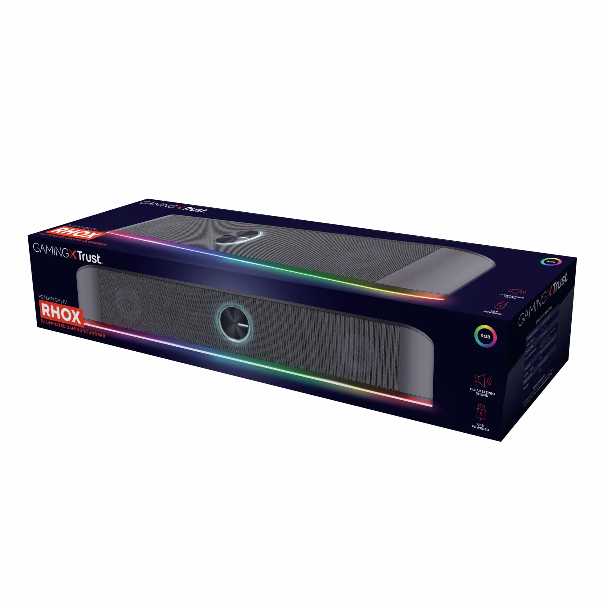 GXTrust 1619 Rhox soundbar RGB, podświetlane głośniki PC, moc szczytowa 12 W, głośnik stereo zasilany przez USB, połączenie audio jack 3,5 mm, soundbar do komputera i laptopa, szary