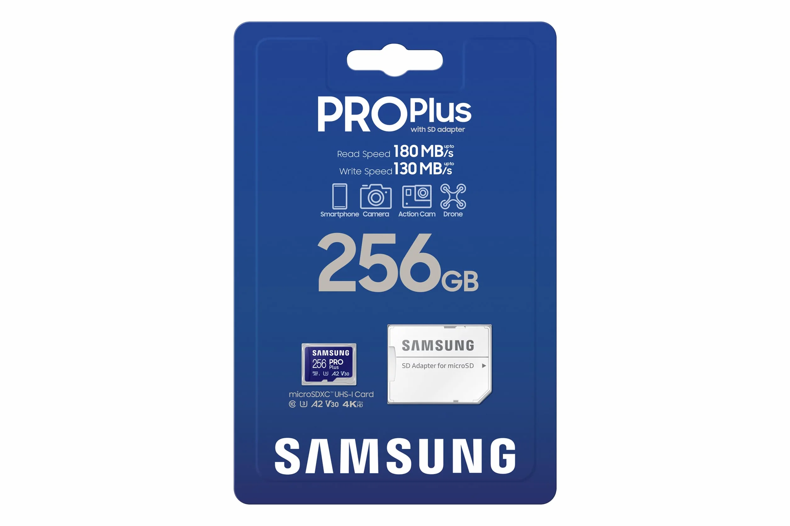 Samsung Karta MicroSD Pro Plus 256 GB Adapter SD UHS-I U3 Odczyt 180 MB/s Zapis 130 MB/s 4K UHD