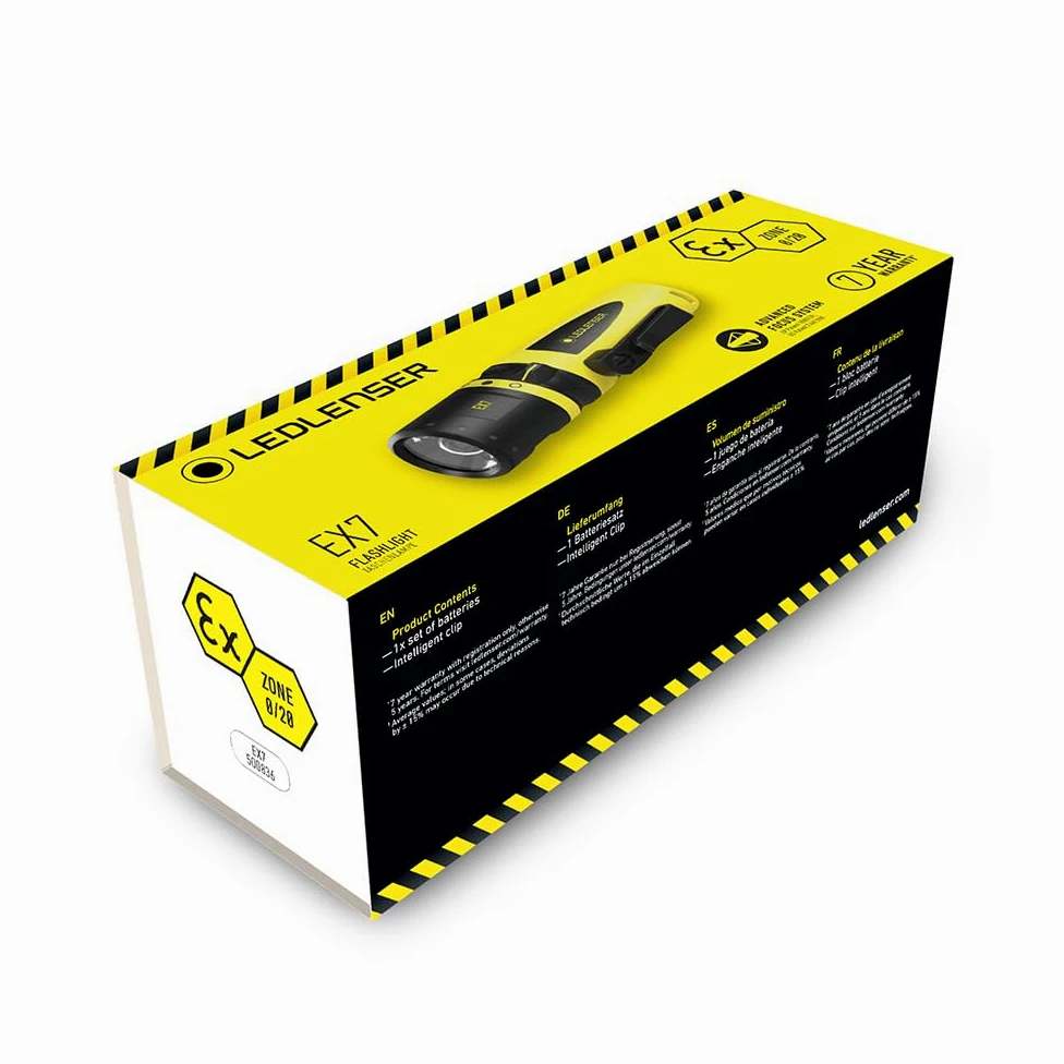 Ledlenser EX7 solidna warsztatowa lampa latarka kieszonkowa LED, z możliwością ustawiania ostrości, zasilanie bateryjne 3x AA, z zabezpieczeniem przeciwwybuchowym strefy EX 0/20, 200 lm, IP68, 120 m