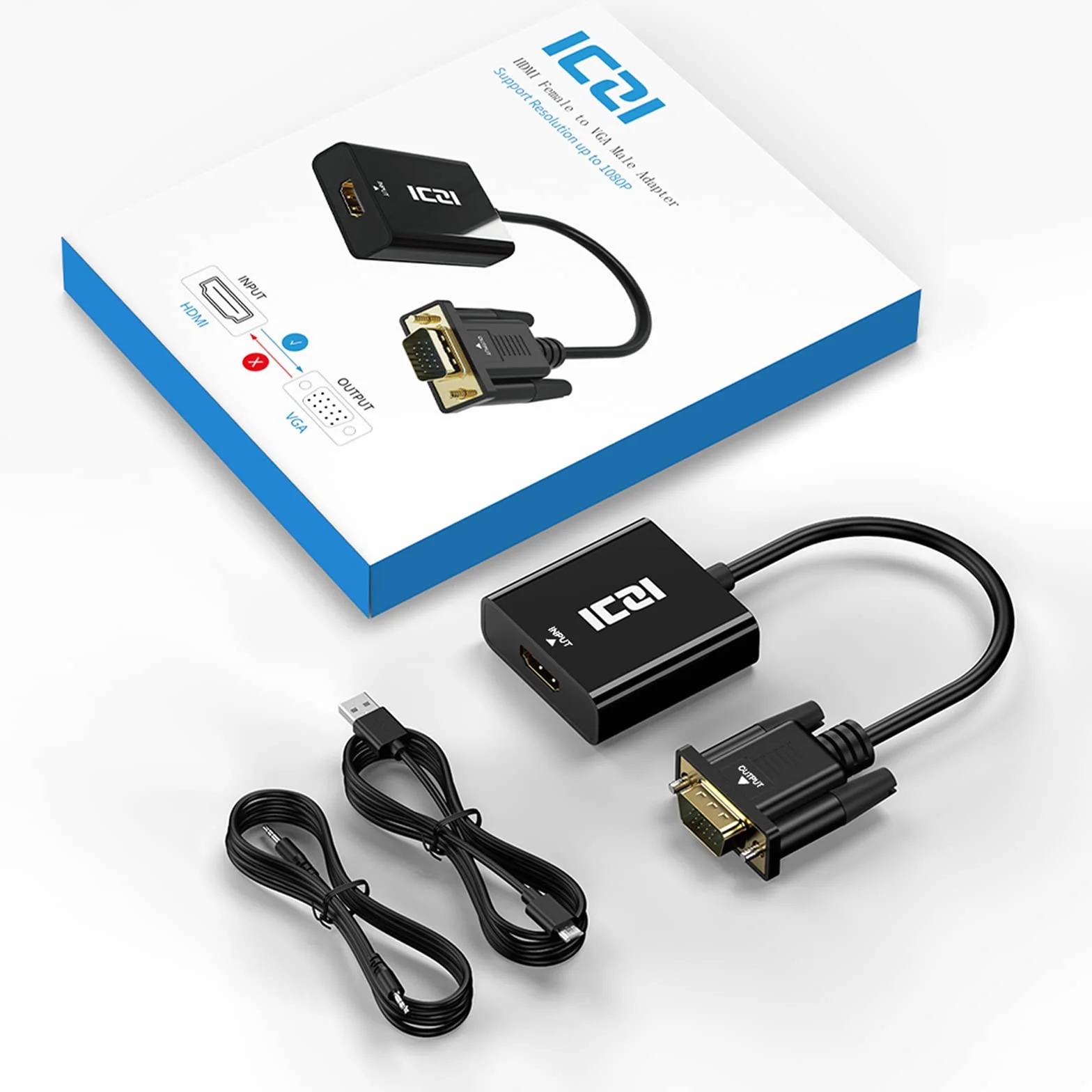 ICZI Adapter HDMI na VGA 1080P z gniazdem audio 3,5 mm, aktywny konwerter HDMI żeński na VGA męski do TV Stick, HDTV, wyświetlacza, monitora, Chromebooka, 360, PS4 i innych