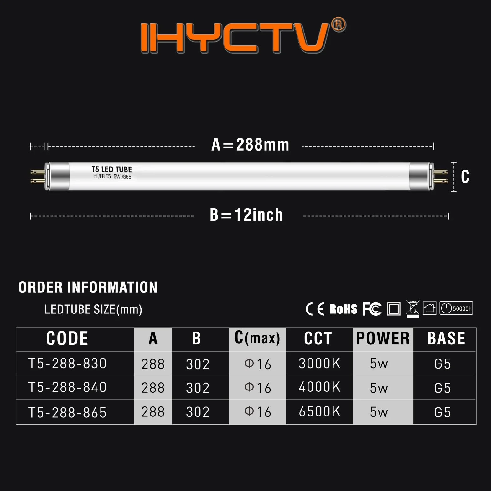 IHYCTV Krótka rura LED T5 288 mm, mini tuba LED, 5 W, 685 lm, 6500 K, trzonek G5, zamiennik konwencjonalnych żarówek T5 8 W do EVG, niskie napięcie, 865 białe światło dzienne, 1 opakowanie
