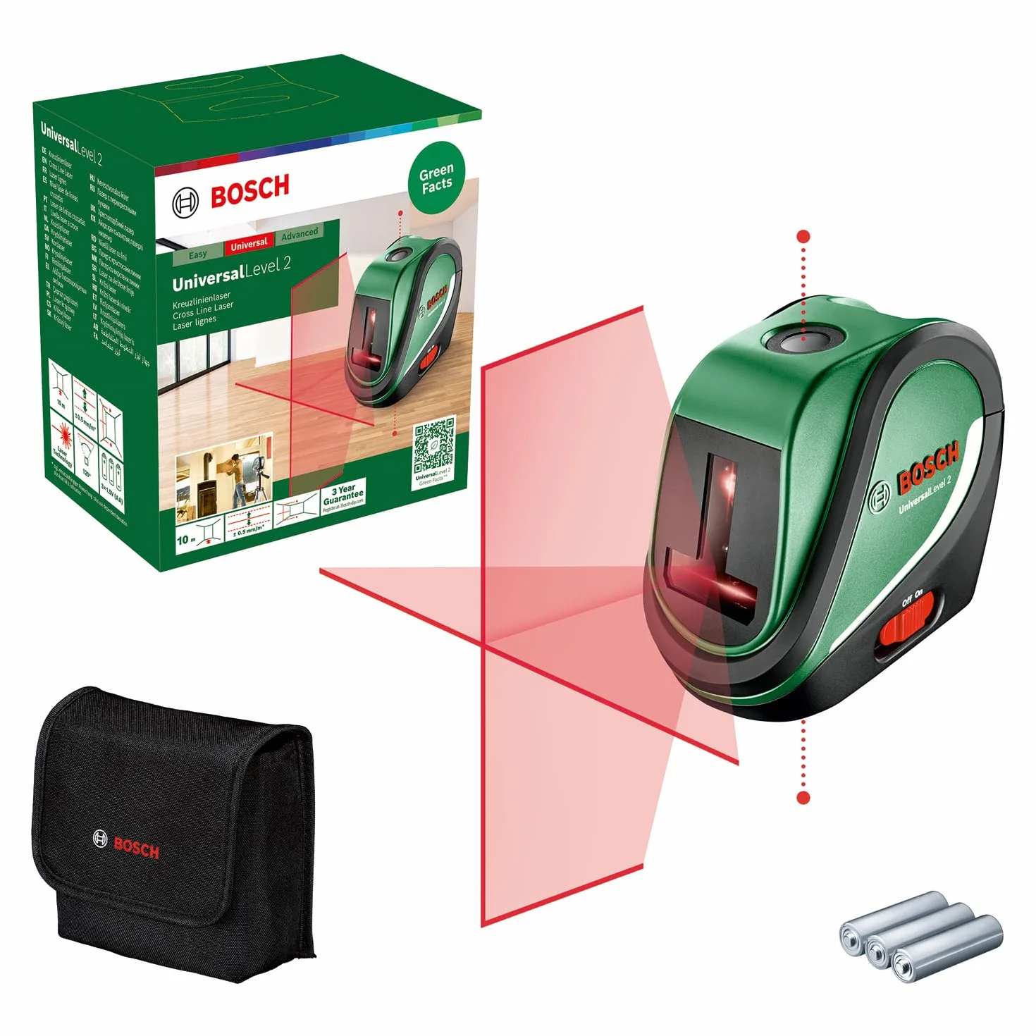Bosch Laser krzyżowy UniversalLevel 2 (linia laserowa skrzyżowana wraz z dodatkowymi punktami w pionie do precyzyjnego wyrównywania elementów i łatwego przenoszenia punktów, opakowanie kartonowe)