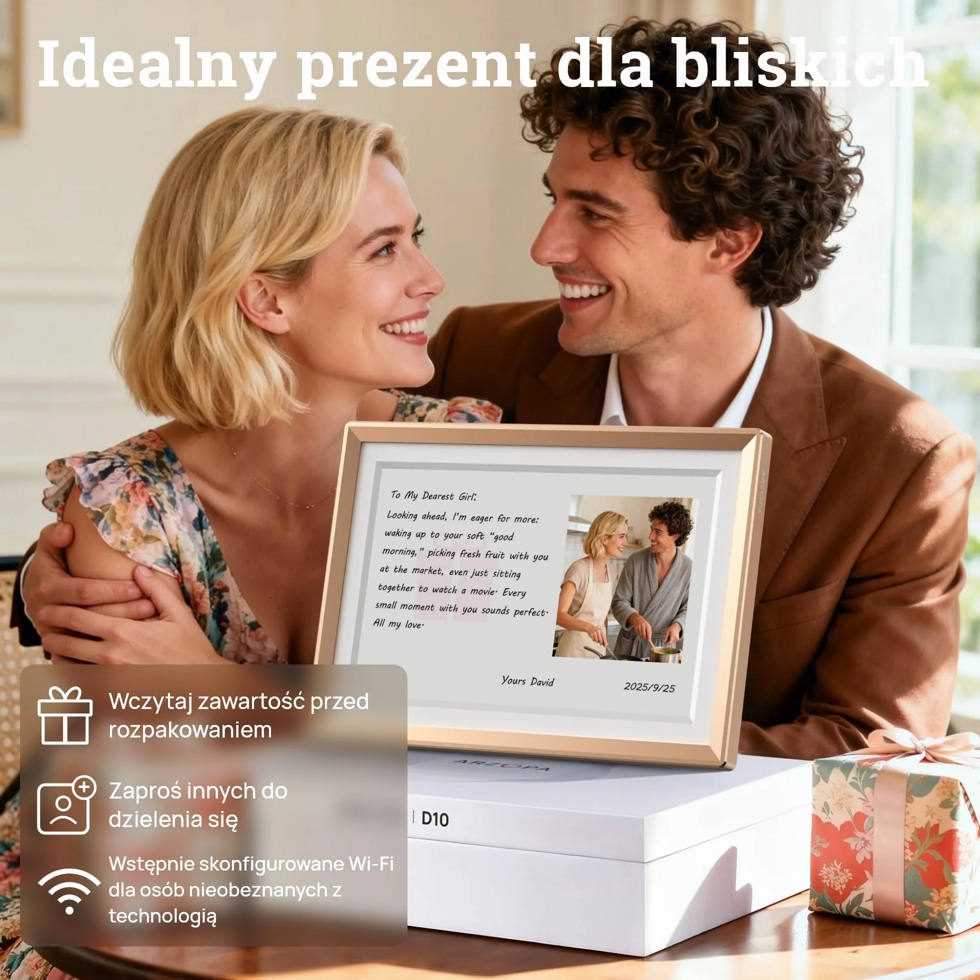 ARZOPA Cyfrowa Ramka na Zdjęcia WiFi 10,1" IPS Ekran Dotykowy HD Metalowa Bez Abonamentu D10 GOLD