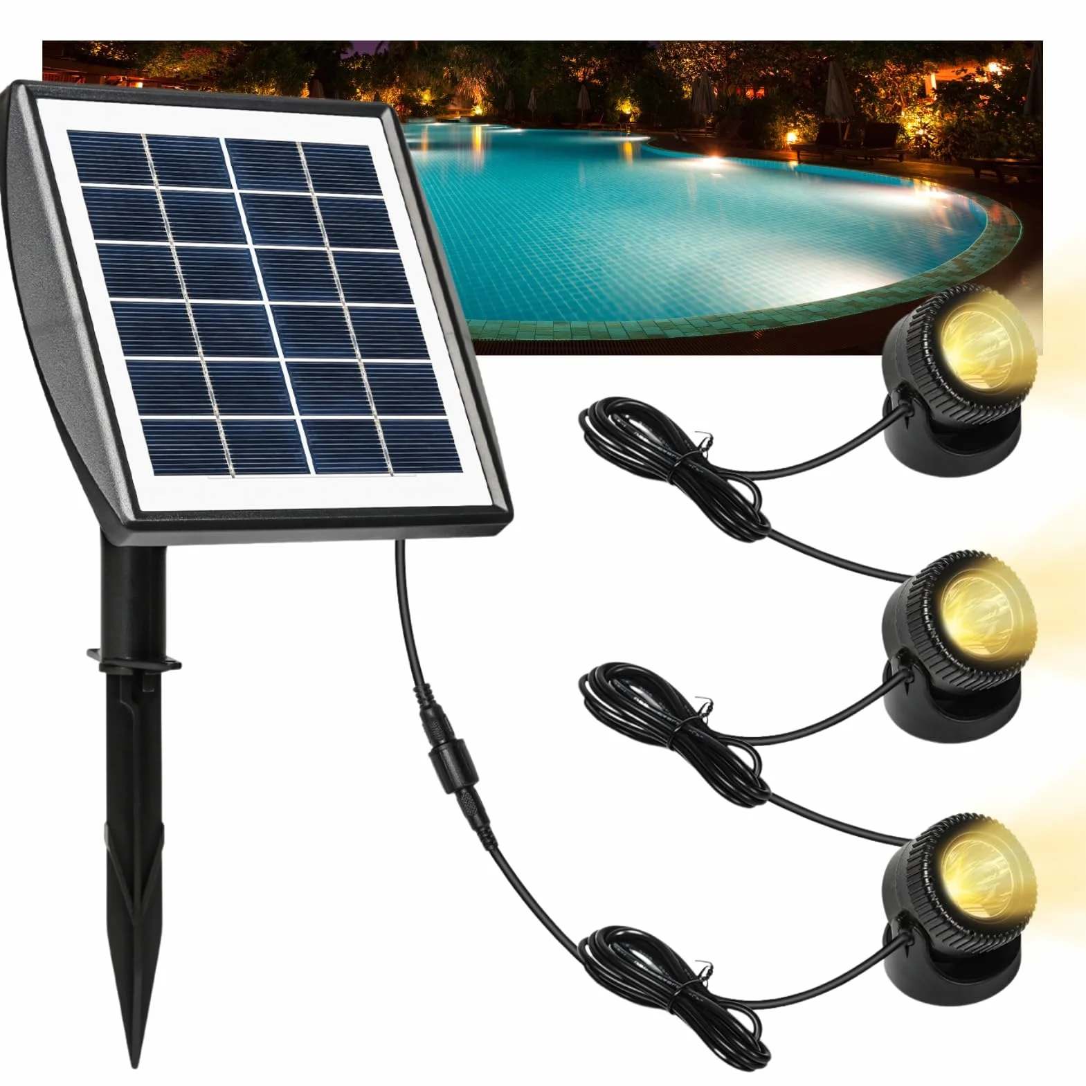 Jadeshay Lampy solarne do basenu, 6 V/2 W, polikrystaliczny panel słoneczny z 1 W, 3 lampy, wodoodporny reflektor solarny IP68 do stawu ogrodowego