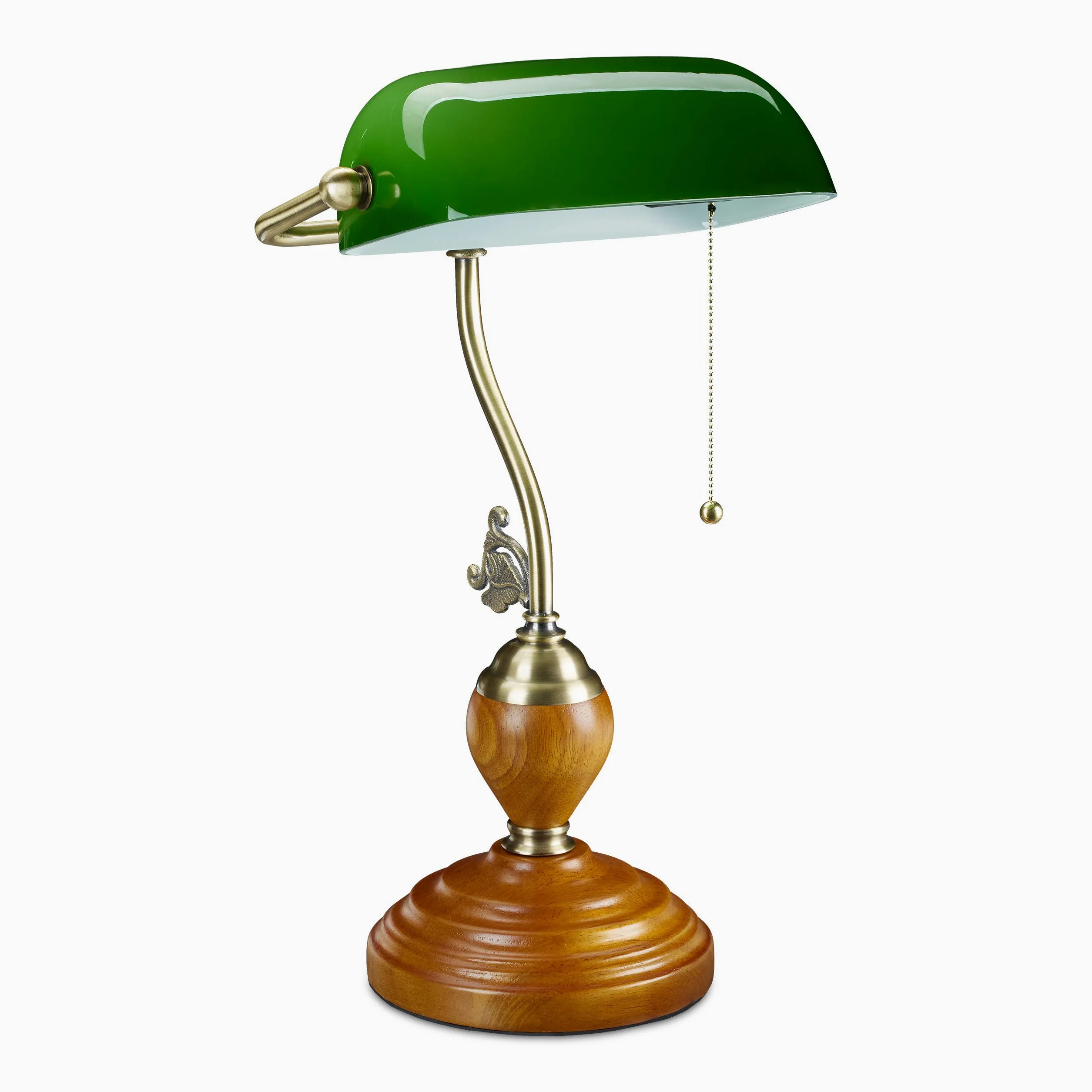 Relaxdays Lampa bankierska z przełącznikiem pociągowym, odchylany szklany klosz, drewniana podstawa, styl retro, oprawa E27, lampa biurkowa, zielona, 10034424, 45 x 27 x 17 cm