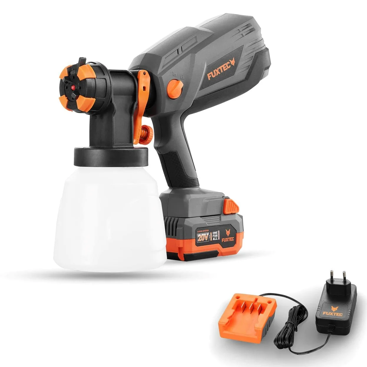 FUXTEC Akumulatorowy system natryskowy 20 V FX-E1CSP20-SET – pistolet lakierniczy 1 l – rozpylacz farby z 3 wzorami natryskowymi i różnymi dyszami – pistolet natryskowy 600 ml/min – w zestawie