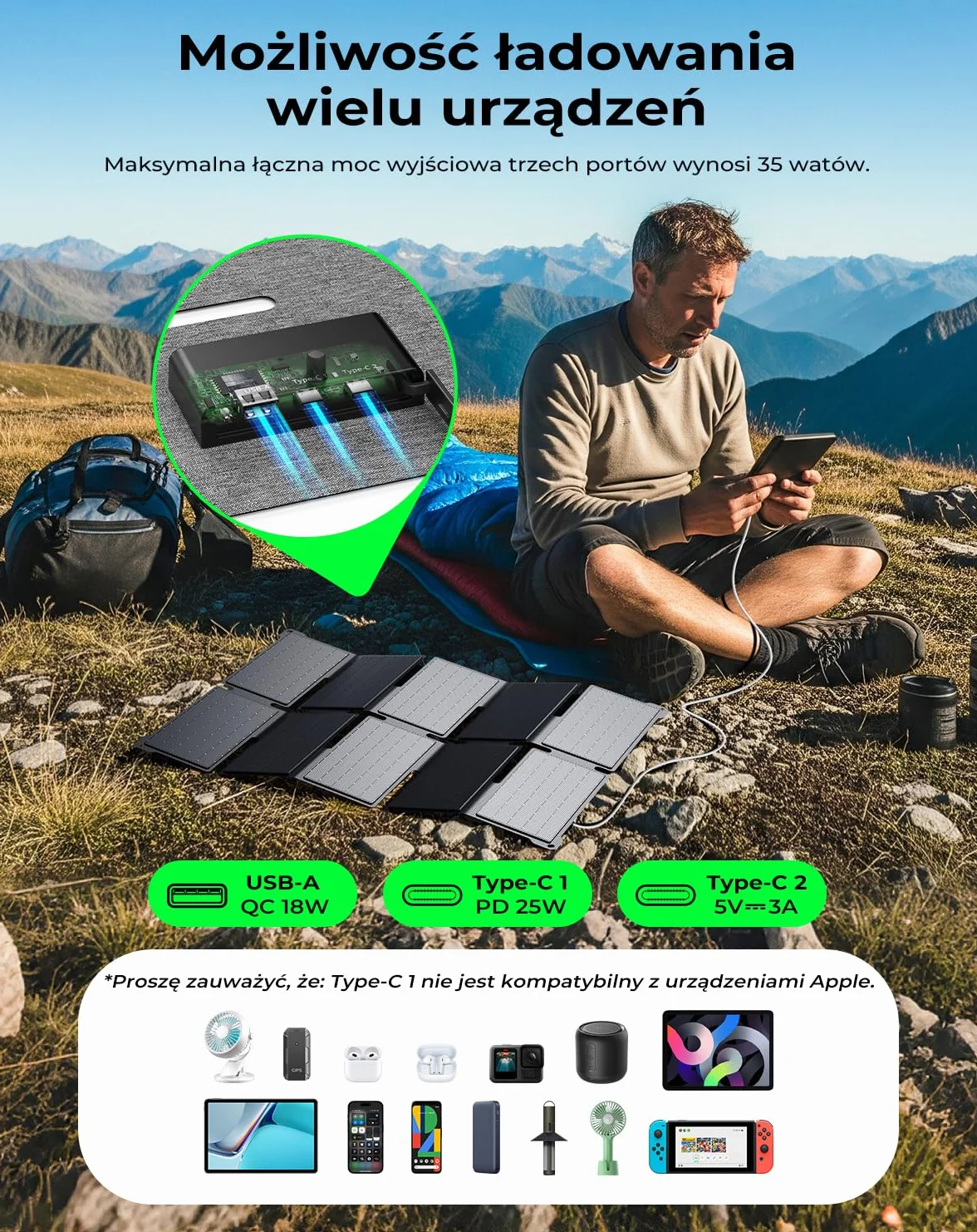 Przenośna Ładowarka Słoneczna BigBlue 35W PD 25W USB-C IP68 Składana do iPhone Android iPad
